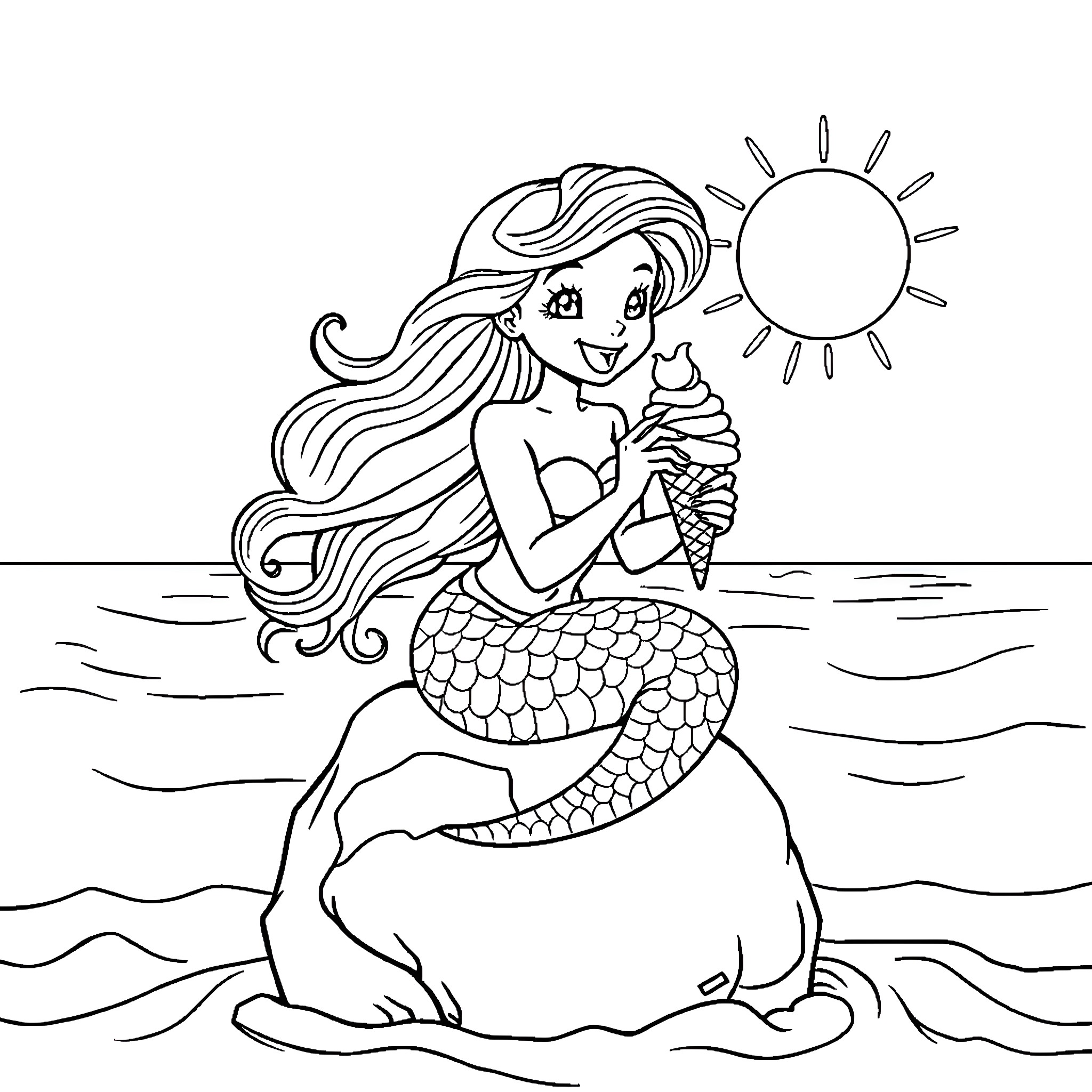 Mermaid enjoying ice cream under the sun Coloring Page (free black-and-white line drawing printable PDF for all, from beginners to advanced learners, including children, teens, adults, and seniors)