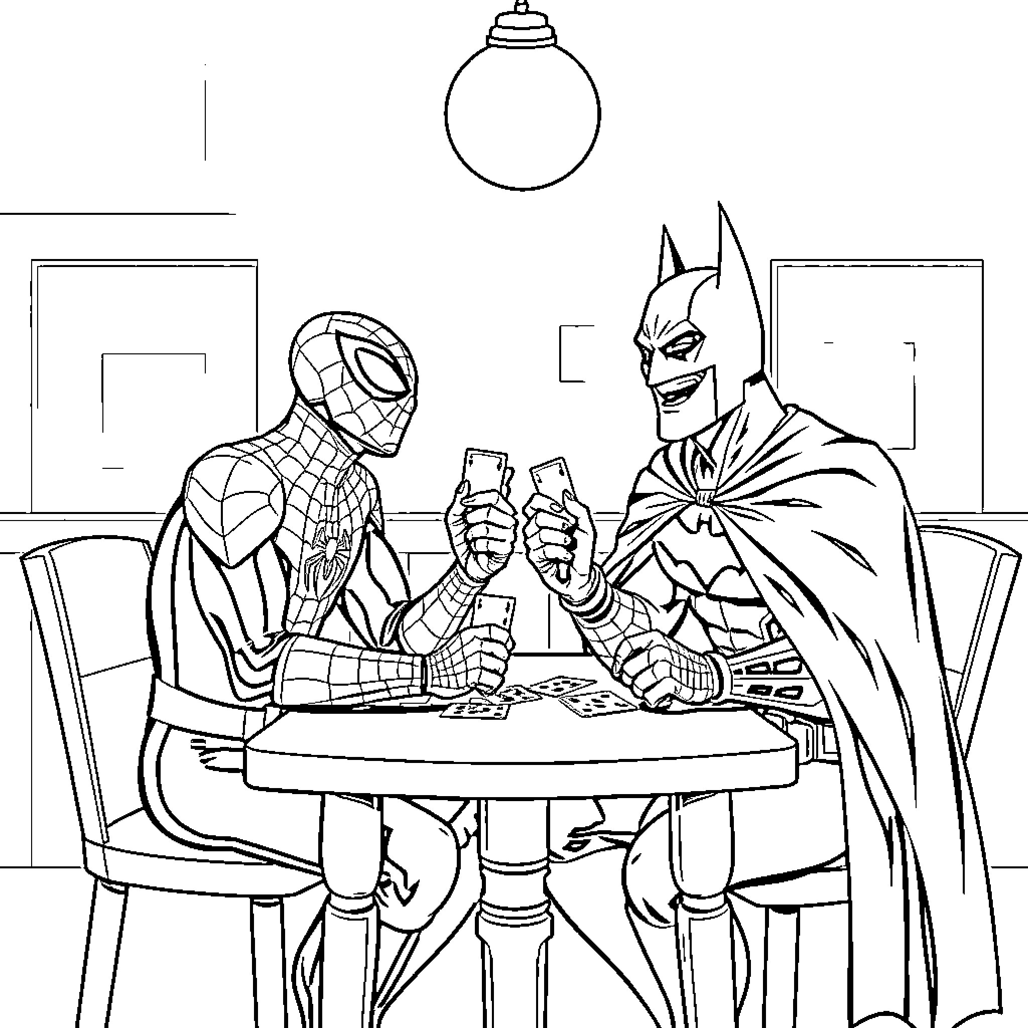 Spider-Man and Batman playing together Coloring Page (free black-and-white line drawing printable PDF for all, from beginners to advanced learners, including children, teens, adults, and seniors)