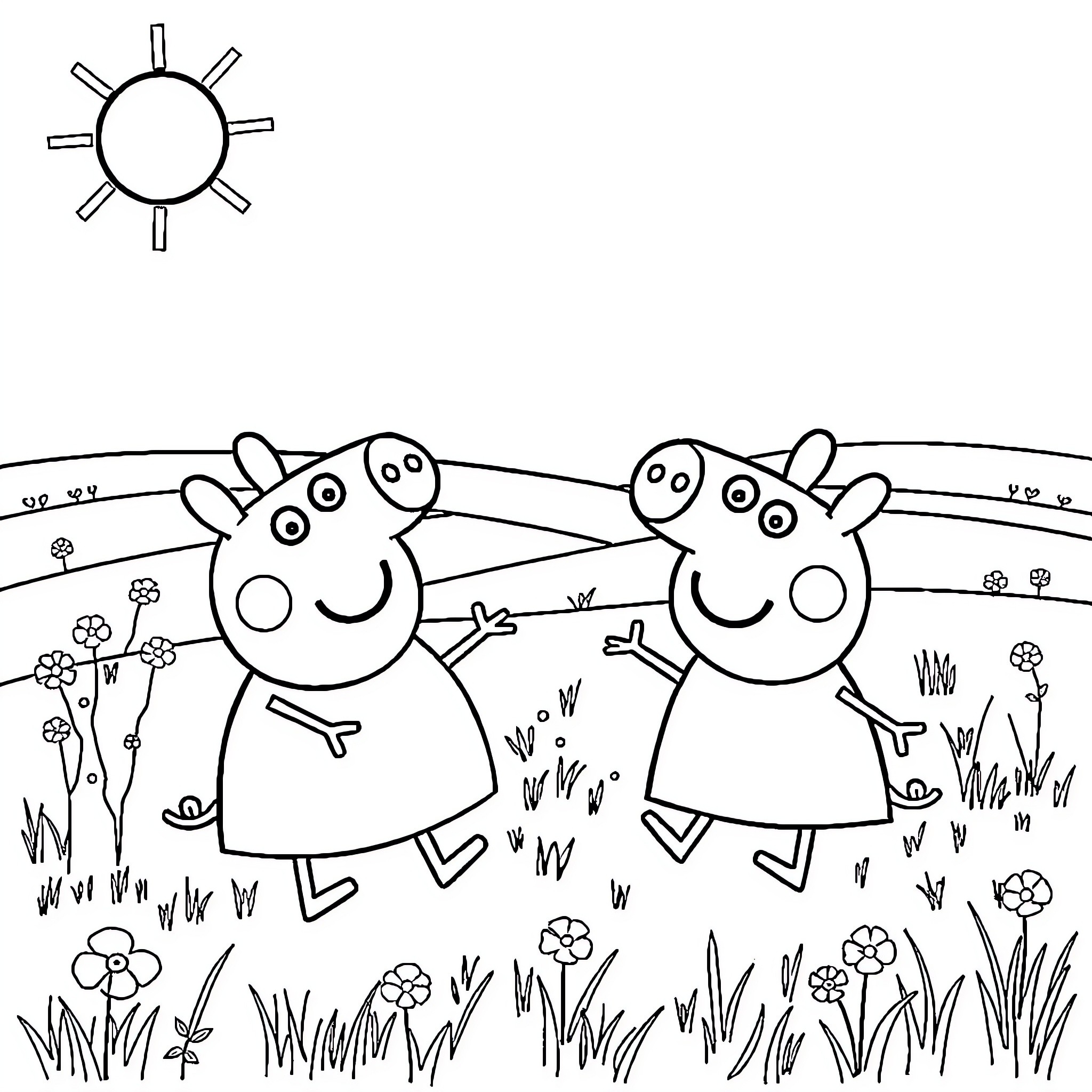 Peppa Pig and friends playing in a field Coloring Page (free black-and-white line drawing printable PDF for all, from beginners to advanced learners, including children, teens, adults, and seniors)