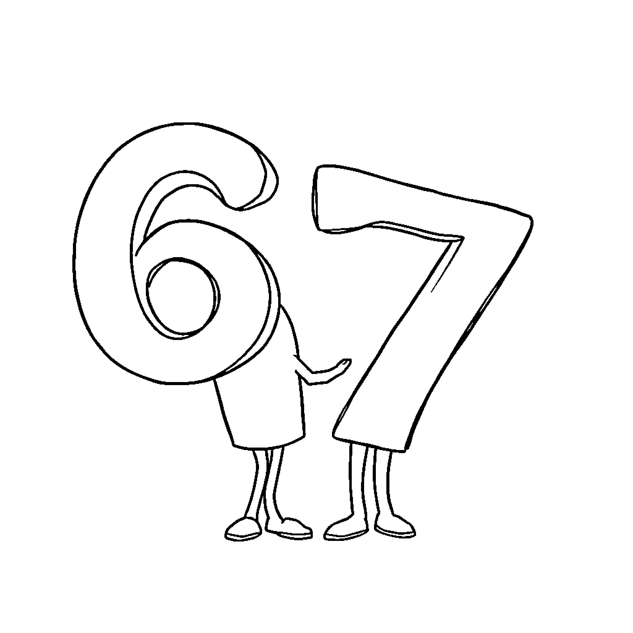 Number 67 Characters Standing Together Coloring Page (free black-and-white line drawing printable PDF for all, from beginners to advanced learners, including children, teens, adults, and seniors)