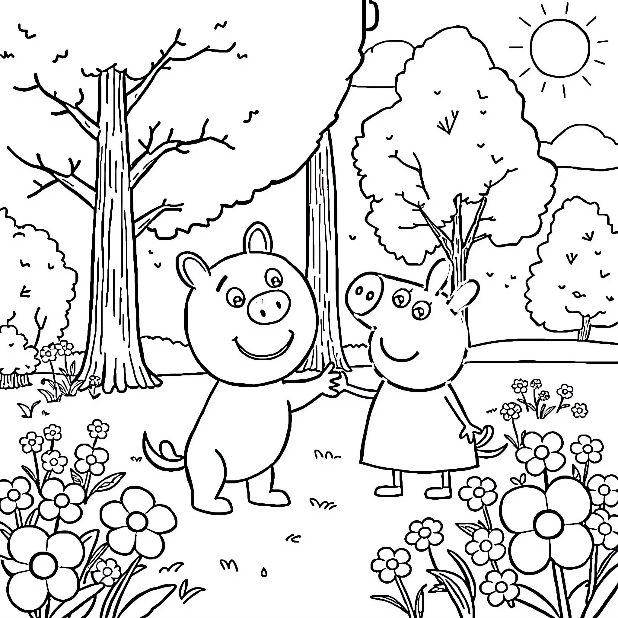 Bluey and Bingo exploring the enchanting forest Coloring Page (free black-and-white line drawing printable PDF for all, from beginners to advanced learners, including children, teens, adults, and seniors)
