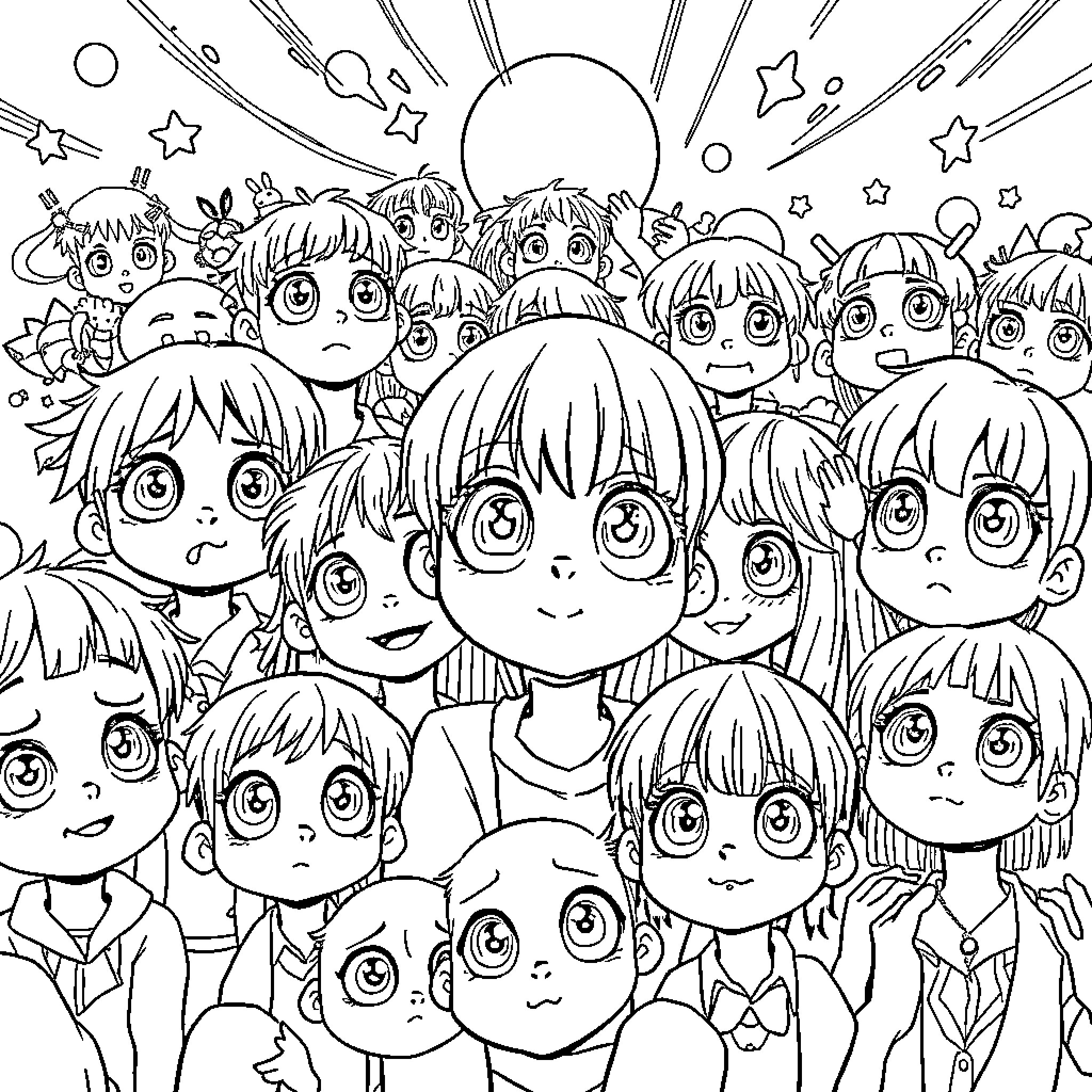 Manga Characters Celebrating Together in the Night Sky Coloring Page (free black-and-white line drawing printable PDF for all, from beginners to advanced learners, including children, teens, adults, and seniors)