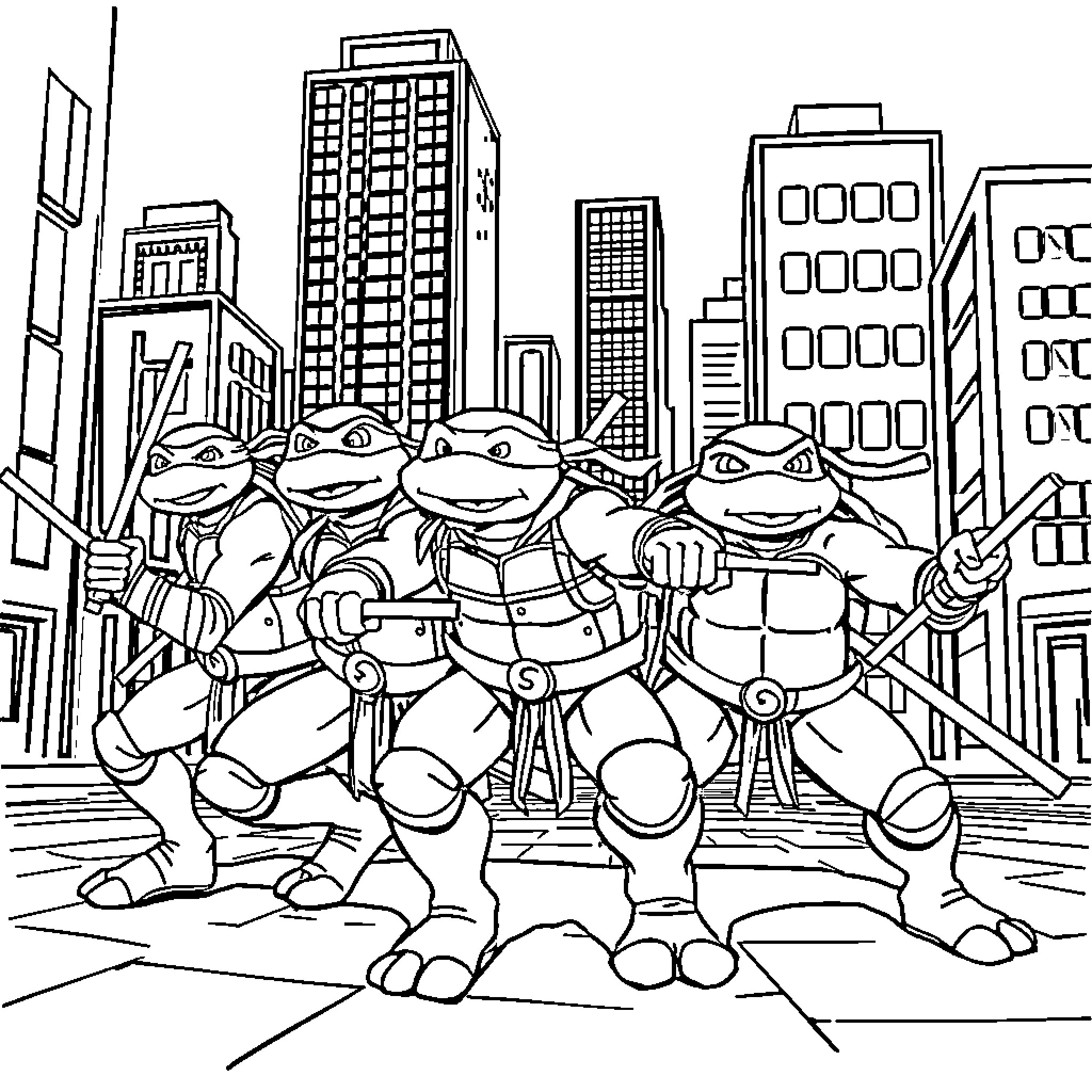 Ninja Turtles on a city adventure Coloring Page (free black-and-white line drawing printable PDF for all, from beginners to advanced learners, including children, teens, adults, and seniors)