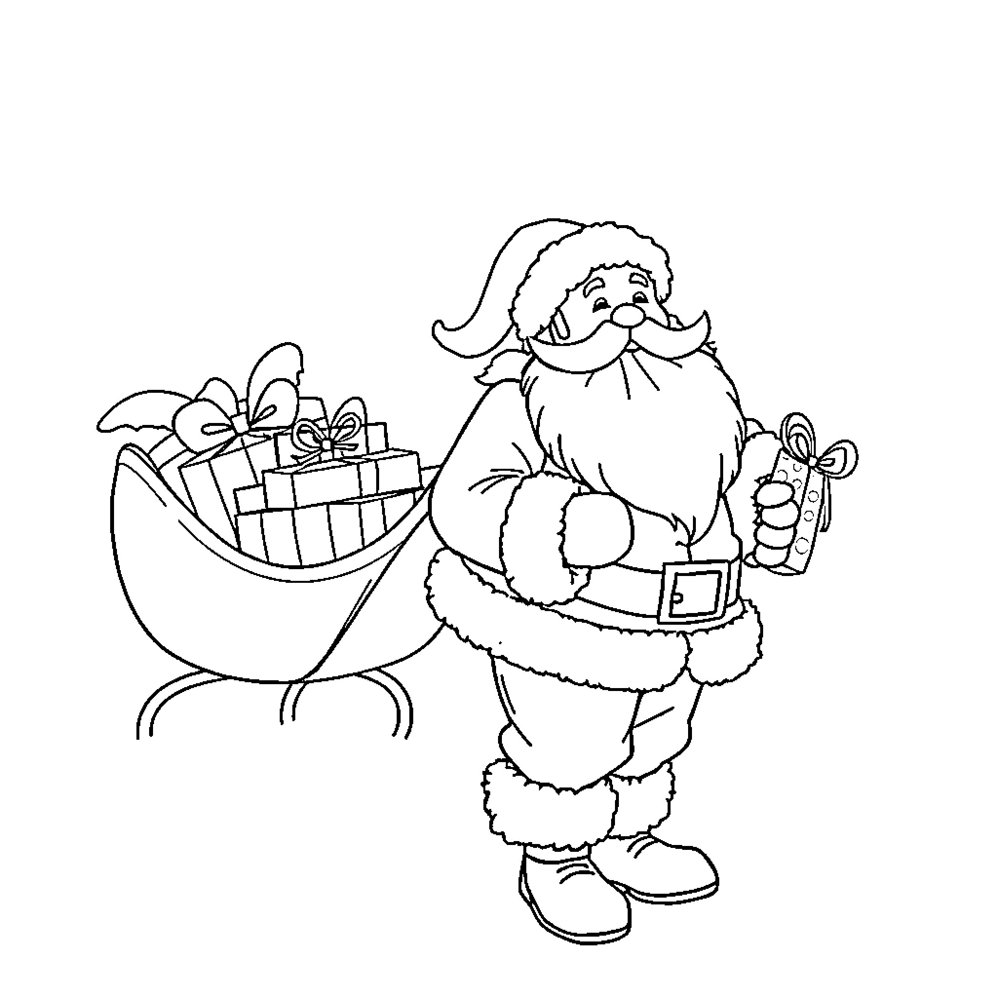 Santa Claus delivering presents with a smile Coloring Page (free black-and-white line drawing printable PDF for all, from beginners to advanced learners, including children, teens, adults, and seniors)