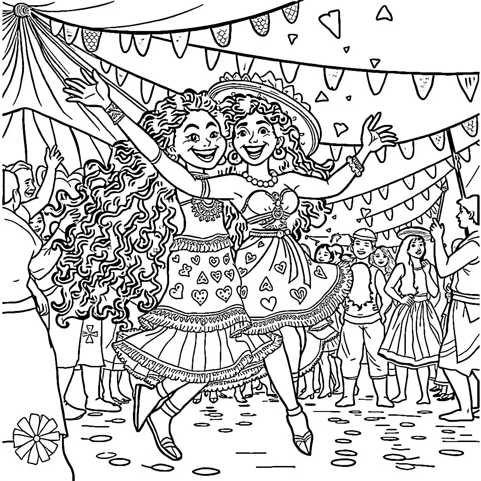 Lirili Larila: Joyful Dancers at a Vibrant Festival Coloring Page (free black-and-white line drawing printable PDF for all, from beginners to advanced learners, including children, teens, adults, and seniors)