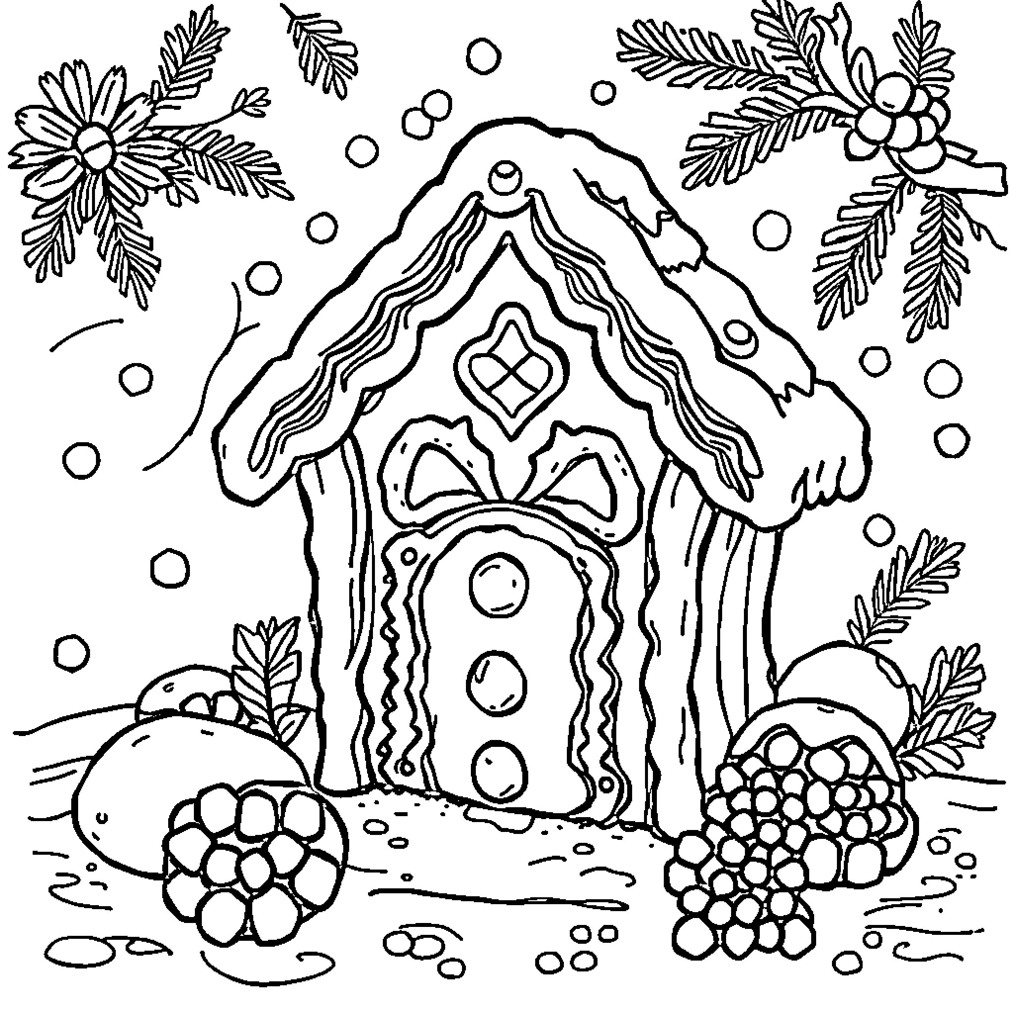Gingerbread house with winter foliage and berries Coloring Page (free black-and-white line drawing printable PDF for all, from beginners to advanced learners, including children, teens, adults, and seniors)