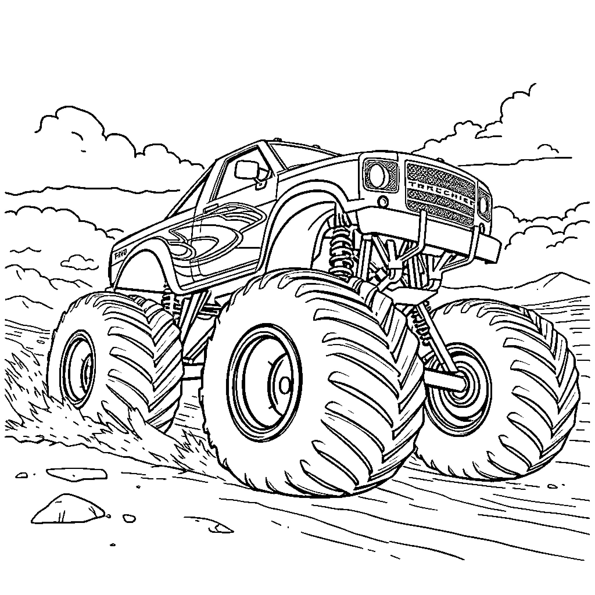Monster Truck Jumping Over Rugged Terrain Coloring Page (free black-and-white line drawing printable PDF for all, from beginners to advanced learners, including children, teens, adults, and seniors)
