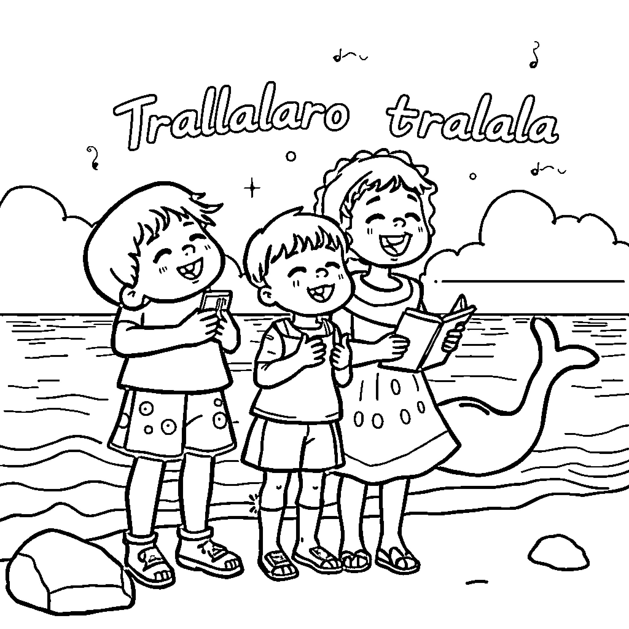 Tralalero friends enjoying the beach with a mermaid Coloring Page (free black-and-white line drawing printable PDF for all, from beginners to advanced learners, including children, teens, adults, and seniors)