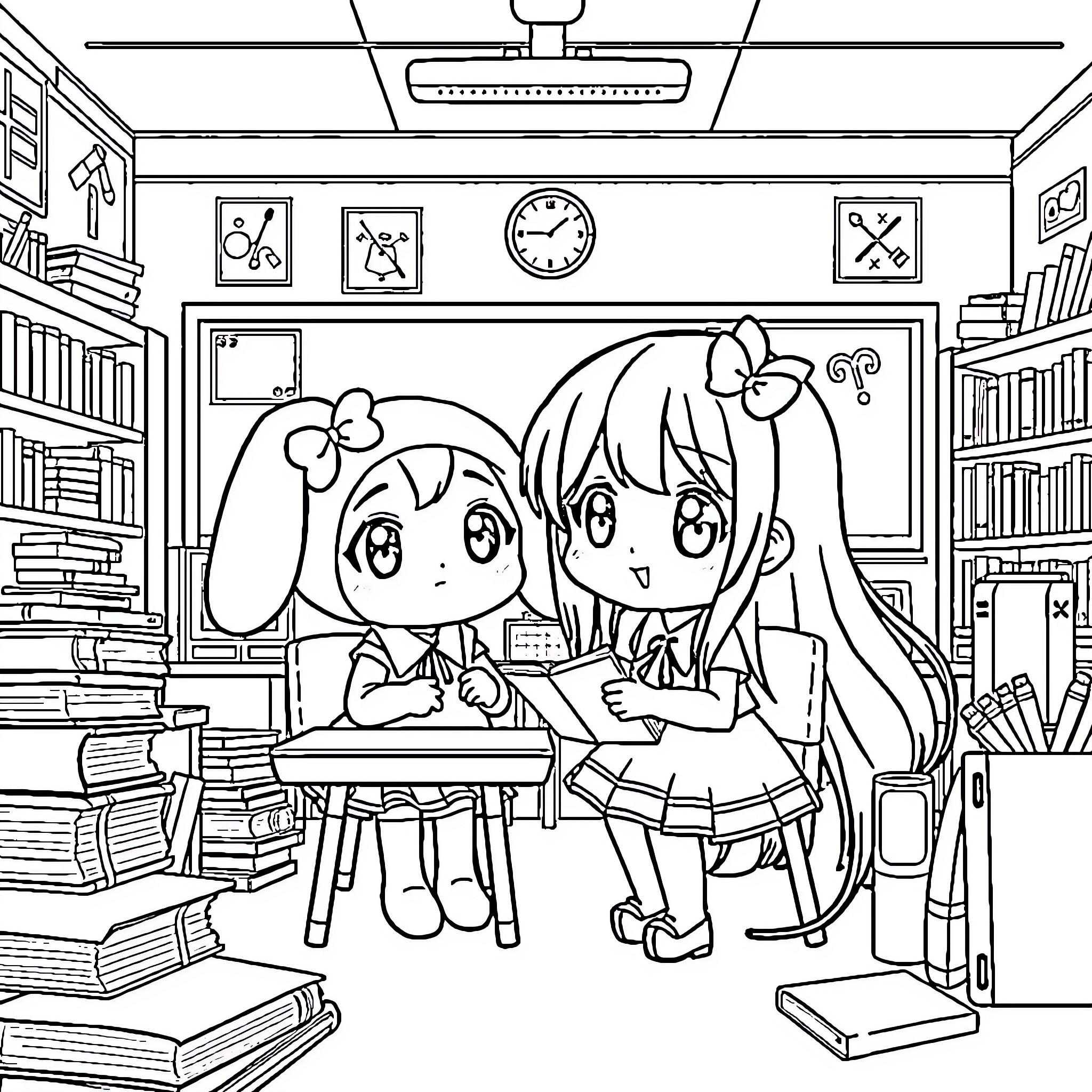 Kuromi and My Melody studying together in the library Coloring Page (free black-and-white line drawing printable PDF for all, from beginners to advanced learners, including children, teens, adults, and seniors)
