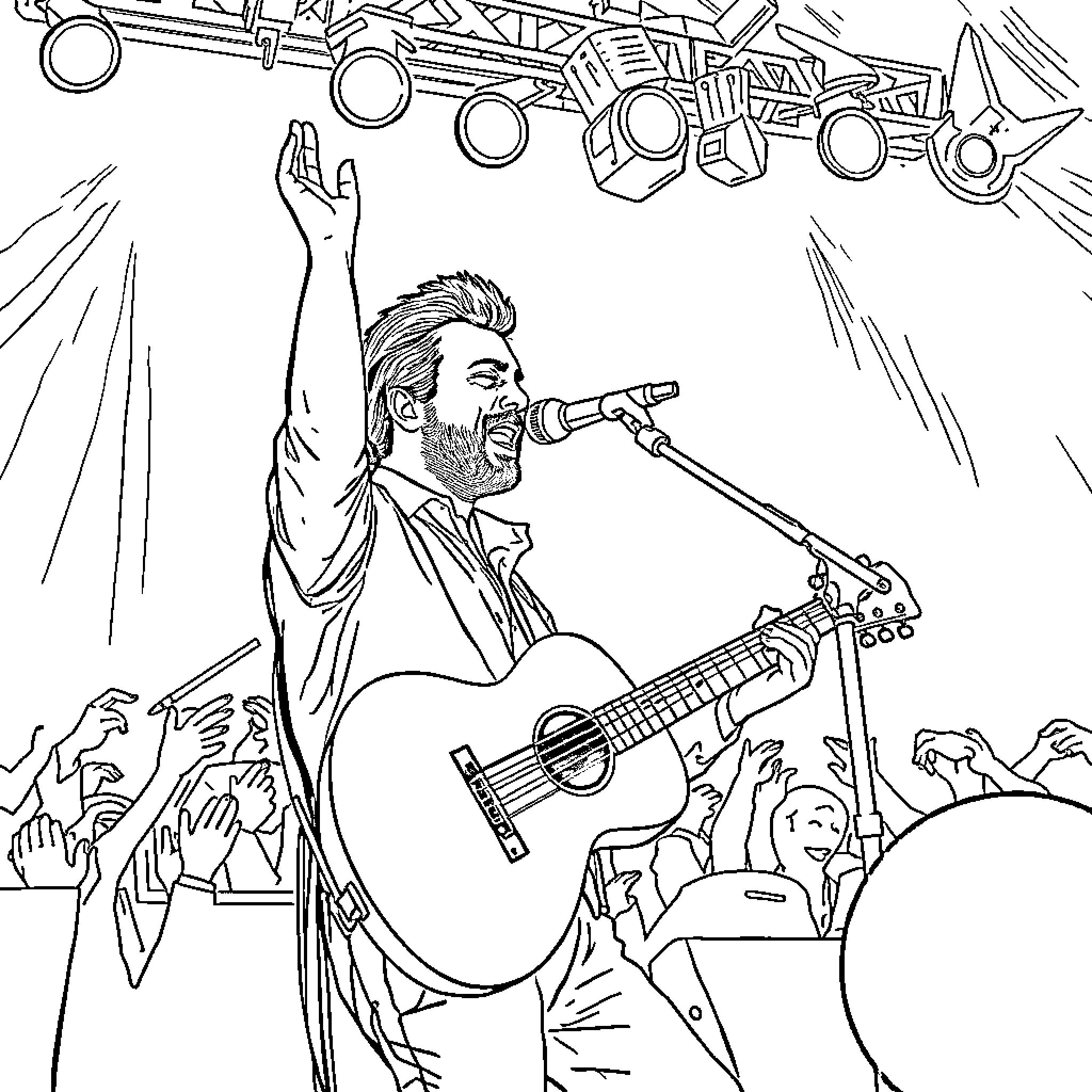 José Madero performing on stage with guitar Coloring Page (free black-and-white line drawing printable PDF for all, from beginners to advanced learners, including children, teens, adults, and seniors)