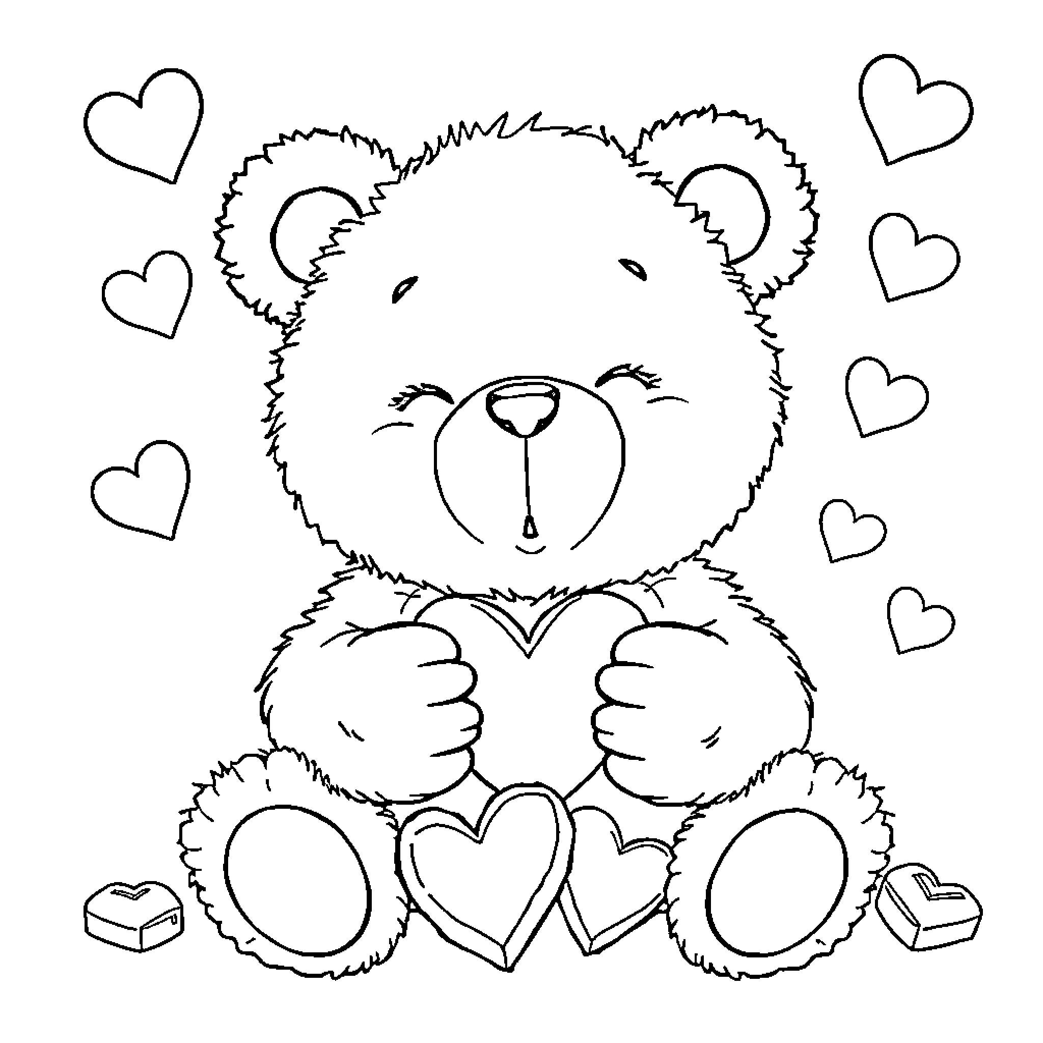 Teddy Bear holding hearts and surrounded by hearts Coloring Page (free black-and-white line drawing printable PDF for all, from beginners to advanced learners, including children, teens, adults, and seniors)
