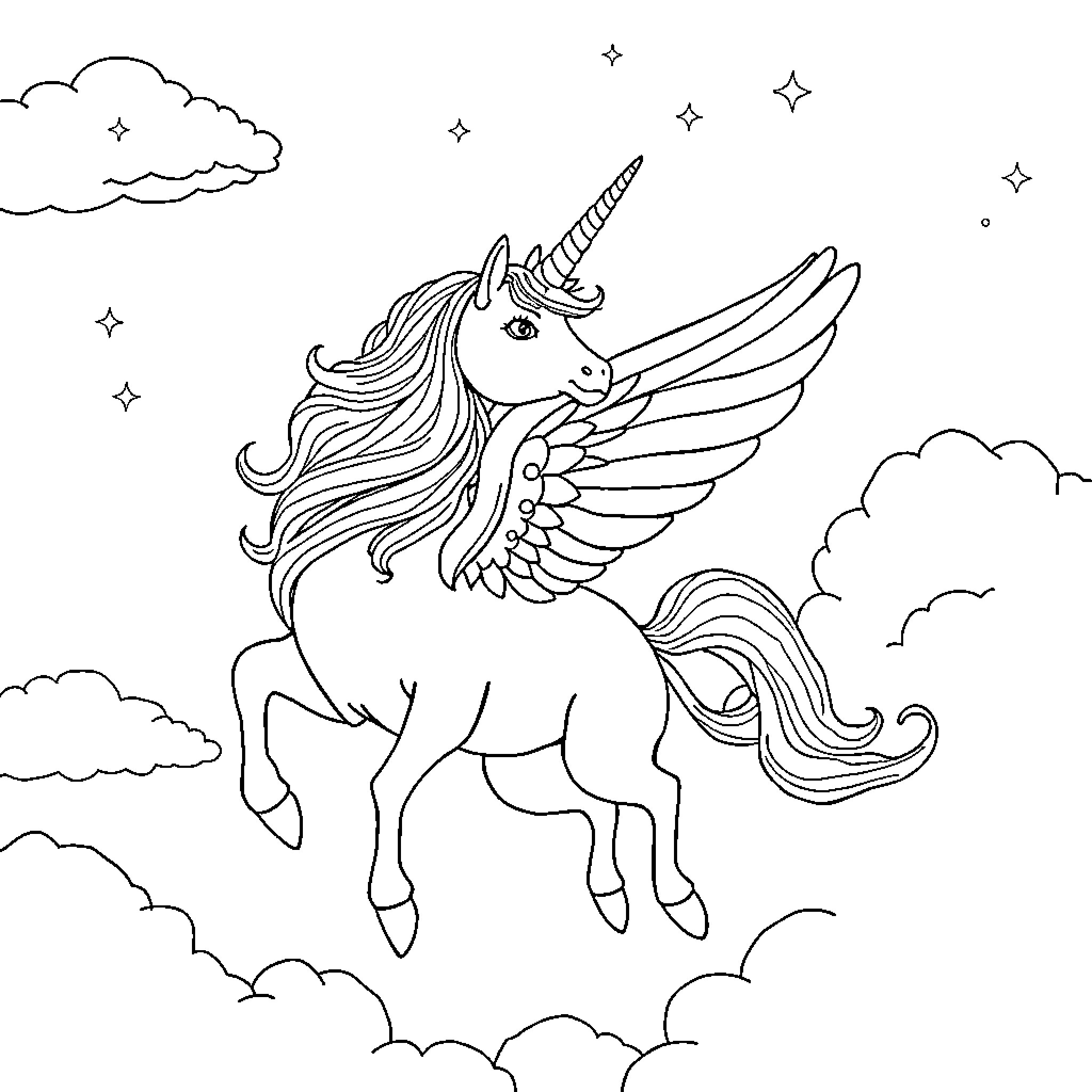 Unicorn soaring through the starry night sky Coloring Page (free black-and-white line drawing printable PDF for all, from beginners to advanced learners, including children, teens, adults, and seniors)