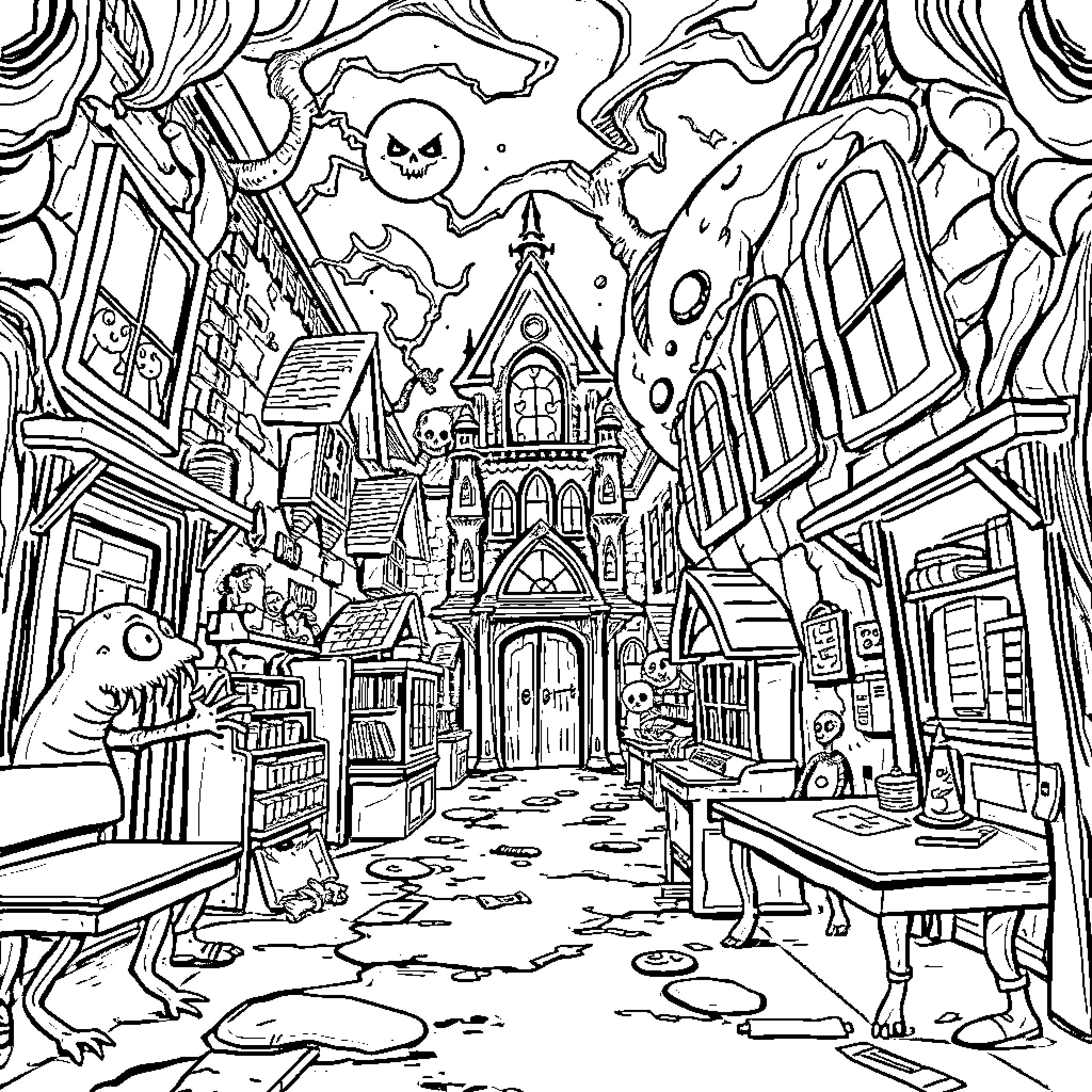 Monster Chaos in Haunted Village Coloring Page (free black-and-white line drawing printable PDF for all, from beginners to advanced learners, including children, teens, adults, and seniors)