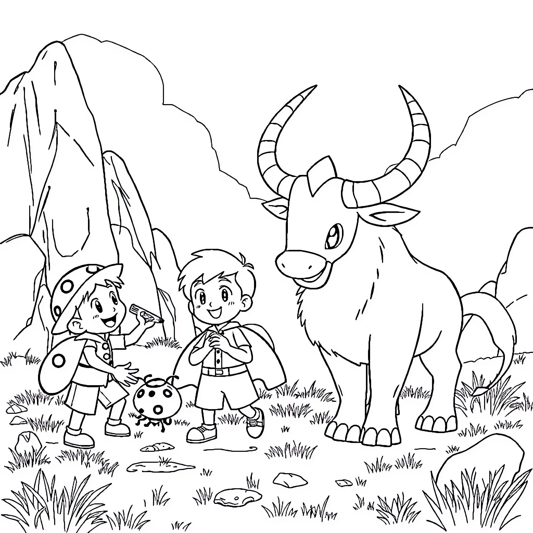 Ben and Holly exploring the wilderness with a goat Coloring Page (free black-and-white line drawing printable PDF for all, from beginners to advanced learners, including children, teens, adults, and seniors)
