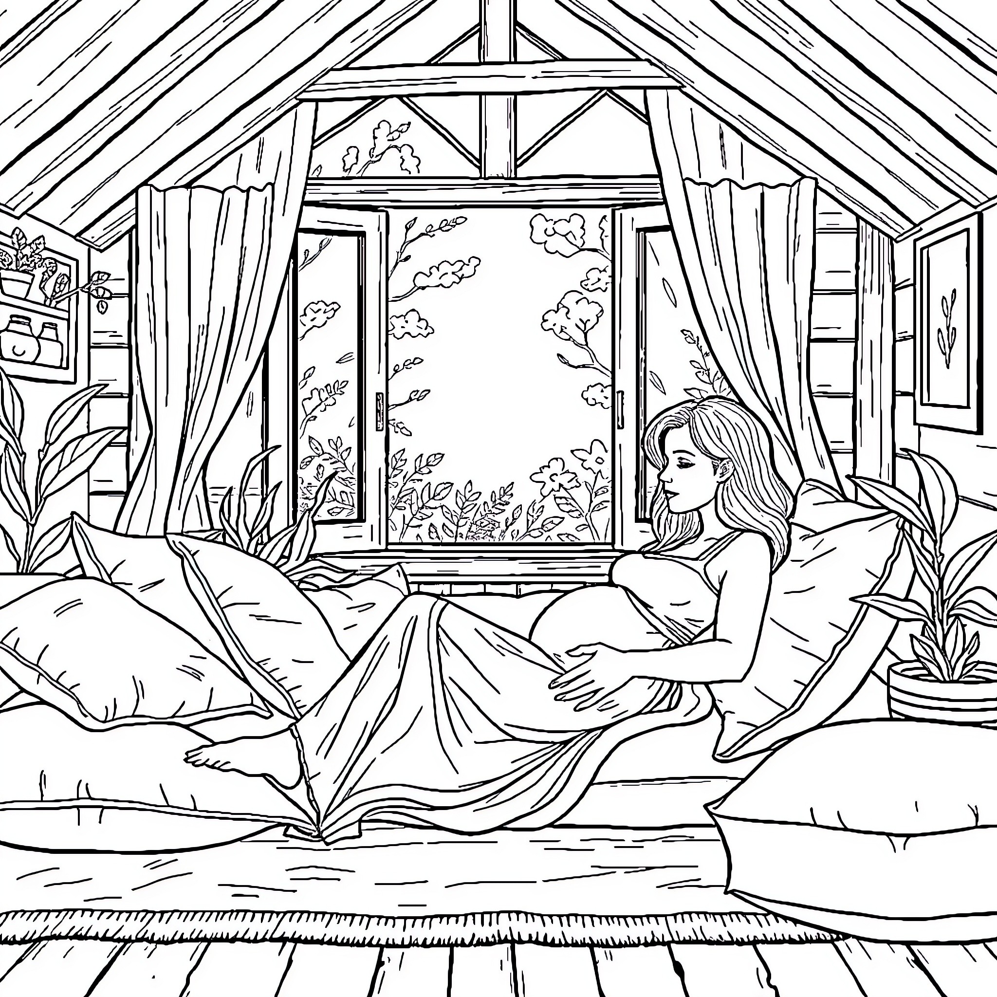 Pregnant Woman Relaxing in Cozy Cabin Getaway Coloring Page (free black-and-white line drawing printable PDF for all, from beginners to advanced learners, including children, teens, adults, and seniors)