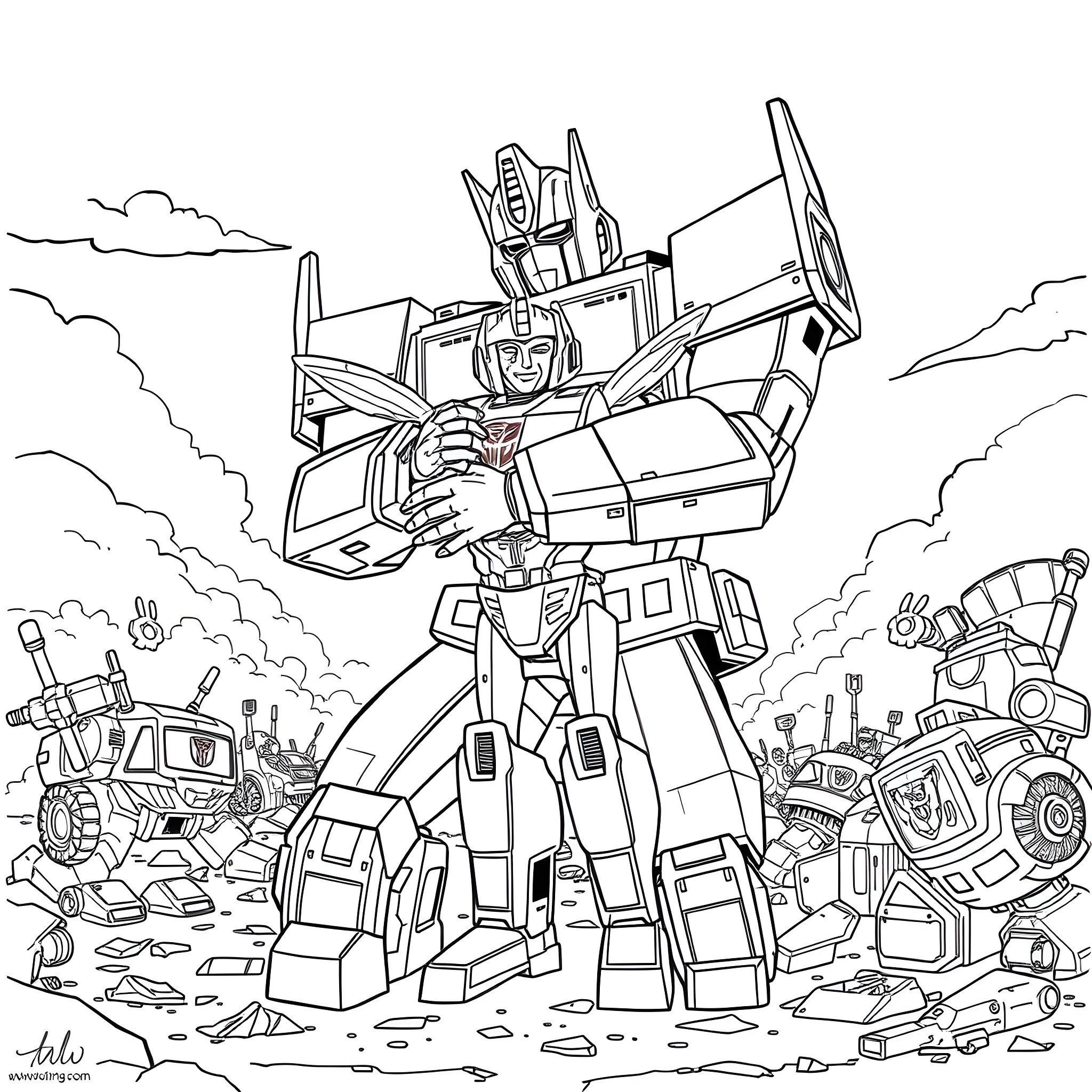 Optimus Prime leading the Autobots in an epic battle Coloring Page (free black-and-white line drawing printable PDF for all, from beginners to advanced learners, including children, teens, adults, and seniors)