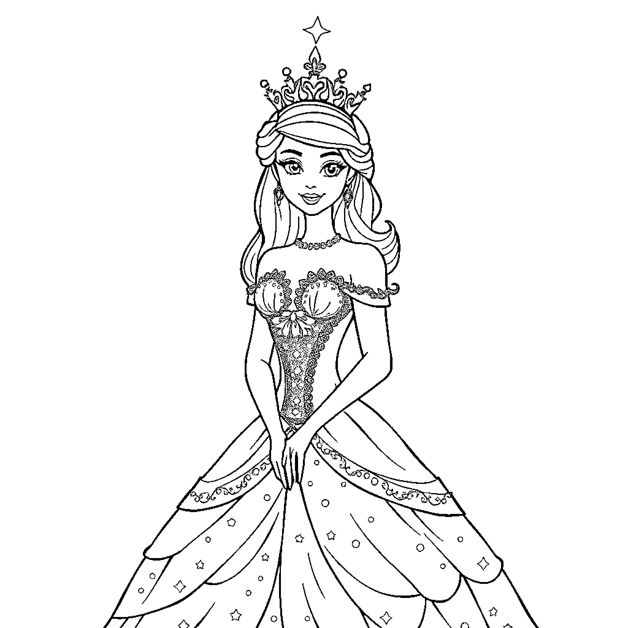 Princess in Elegant Gown and Crown Coloring Page (free black-and-white line drawing printable PDF for all, from beginners to advanced learners, including children, teens, adults, and seniors)