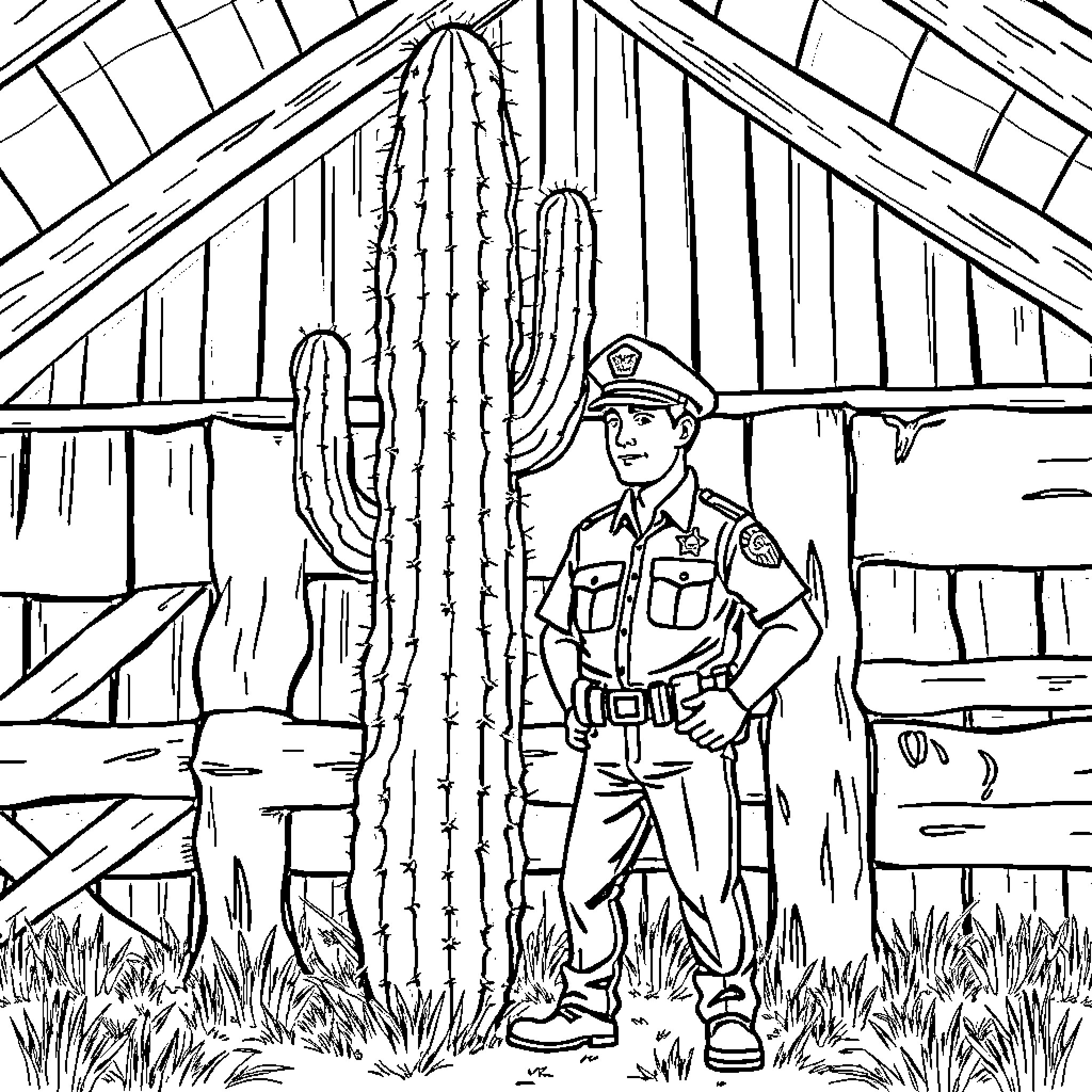 Police Officer Patrolling Remote Desert Area Coloring Page (free black-and-white line drawing printable PDF for all, from beginners to advanced learners, including children, teens, adults, and seniors)