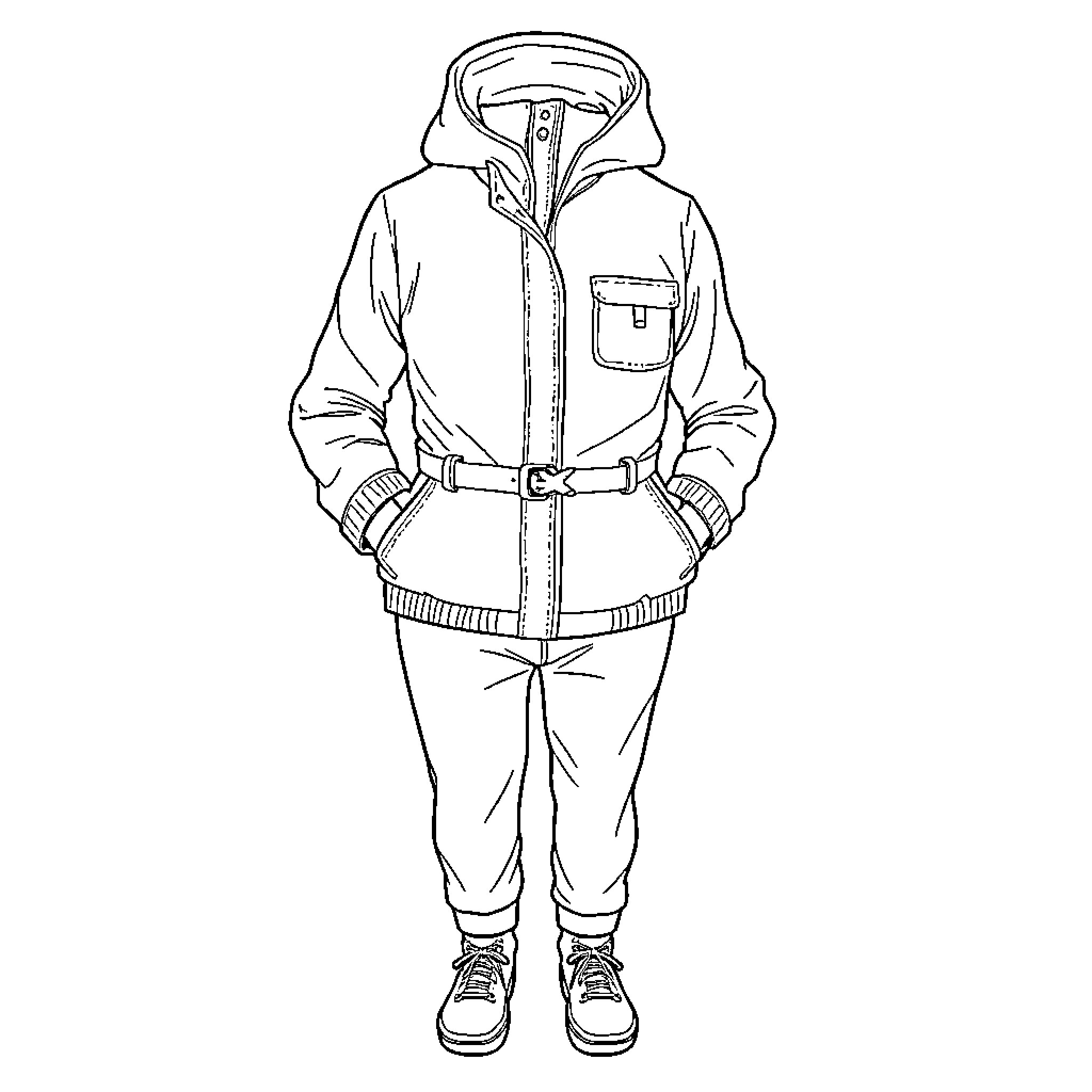 Clothing of a person wearing a hooded jacket Coloring Page (free black-and-white line drawing printable PDF for all, from beginners to advanced learners, including children, teens, adults, and seniors)