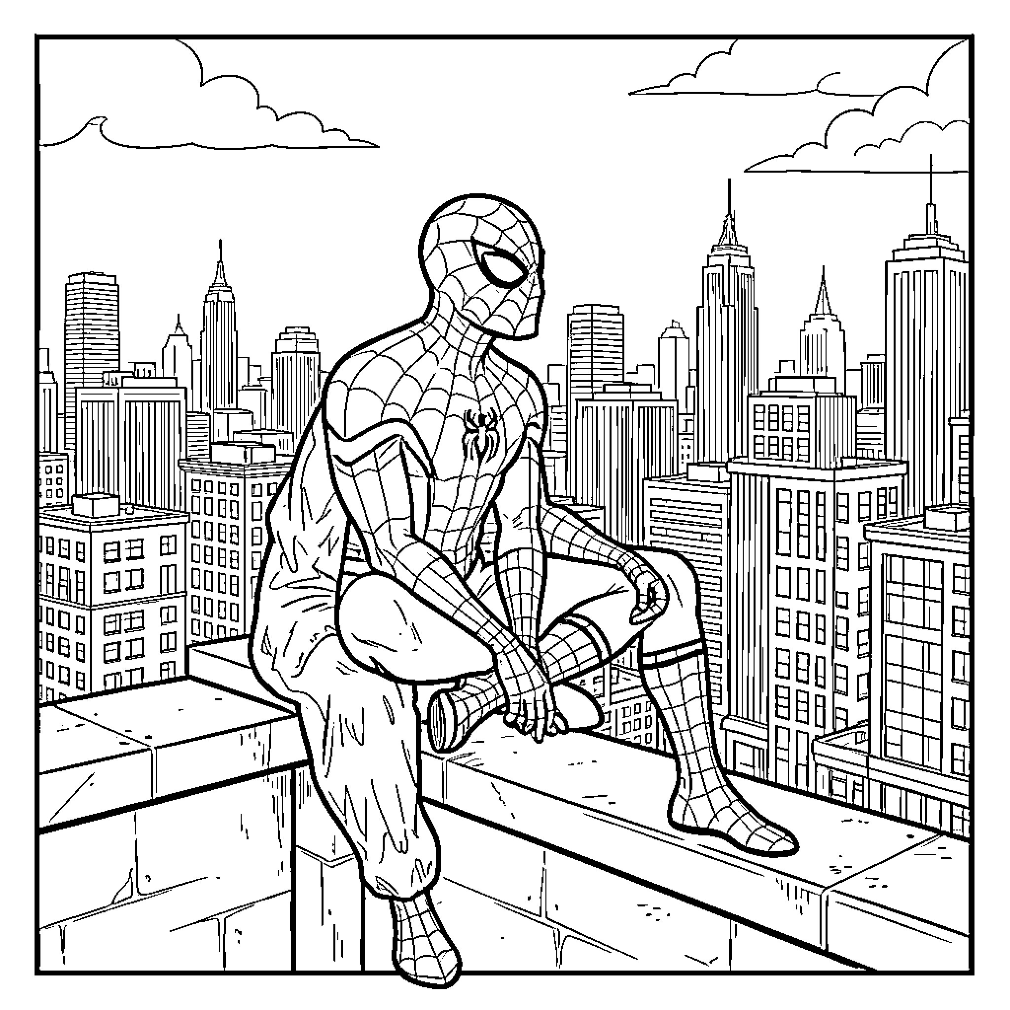Spiderman sitting pensively on a city rooftop Coloring Page (free black-and-white line drawing printable PDF for all, from beginners to advanced learners, including children, teens, adults, and seniors)
