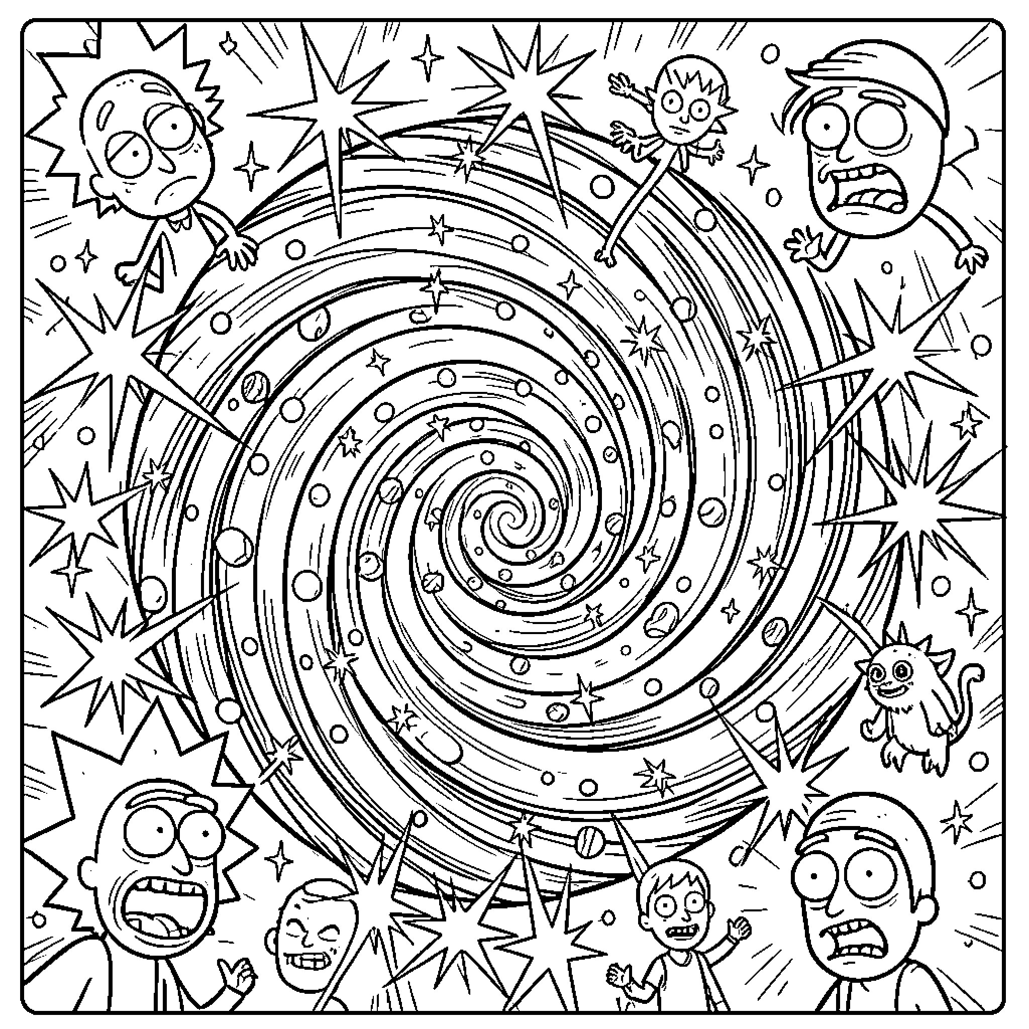 Rick And Morty Cosmic Adventure with Swirling Vortex Coloring Page (free black-and-white line drawing printable PDF for all, from beginners to advanced learners, including children, teens, adults, and seniors)