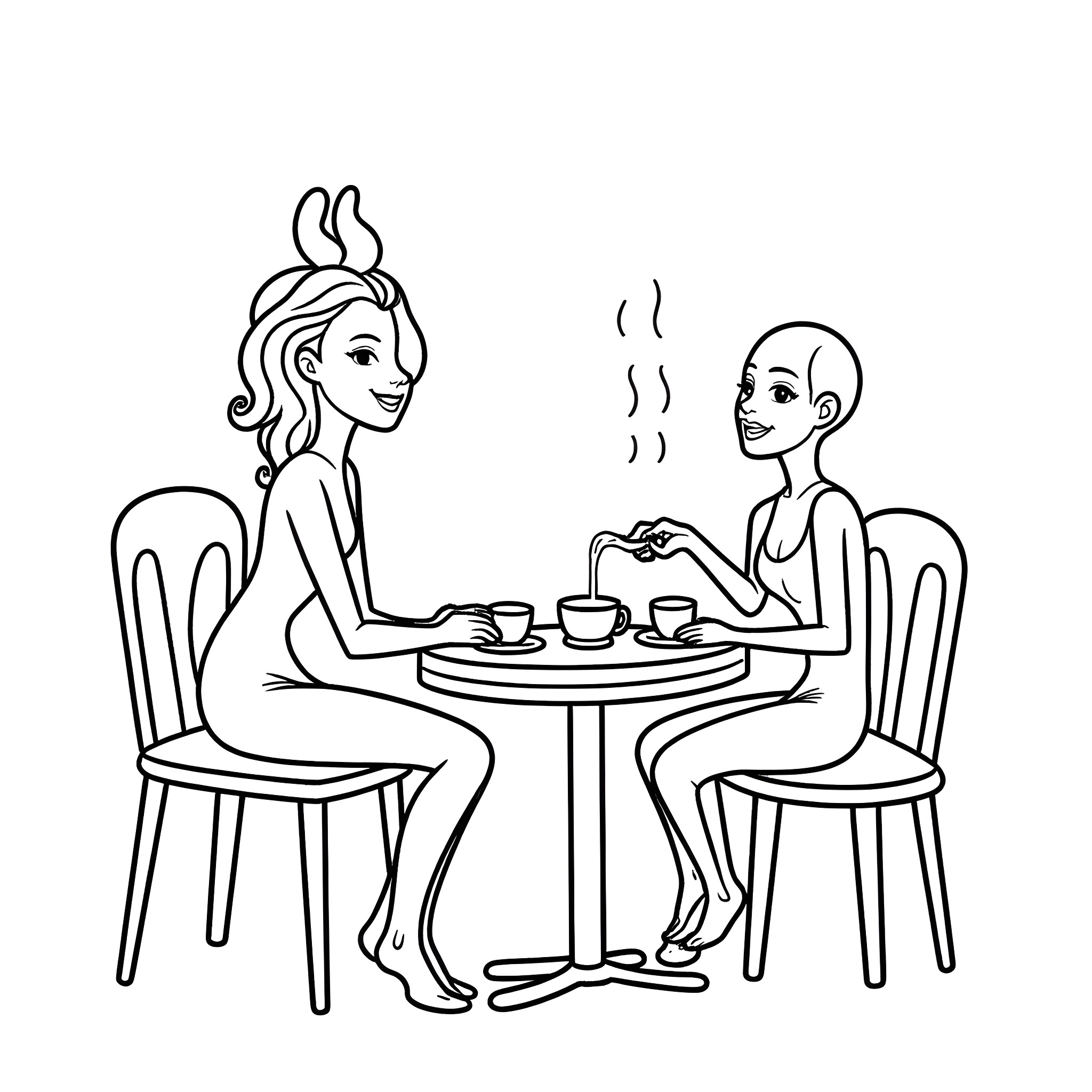 Siren's Cafe: A Whimsical Encounter Coloring Page (free black-and-white line drawing printable PDF for all, from beginners to advanced learners, including children, teens, adults, and seniors)