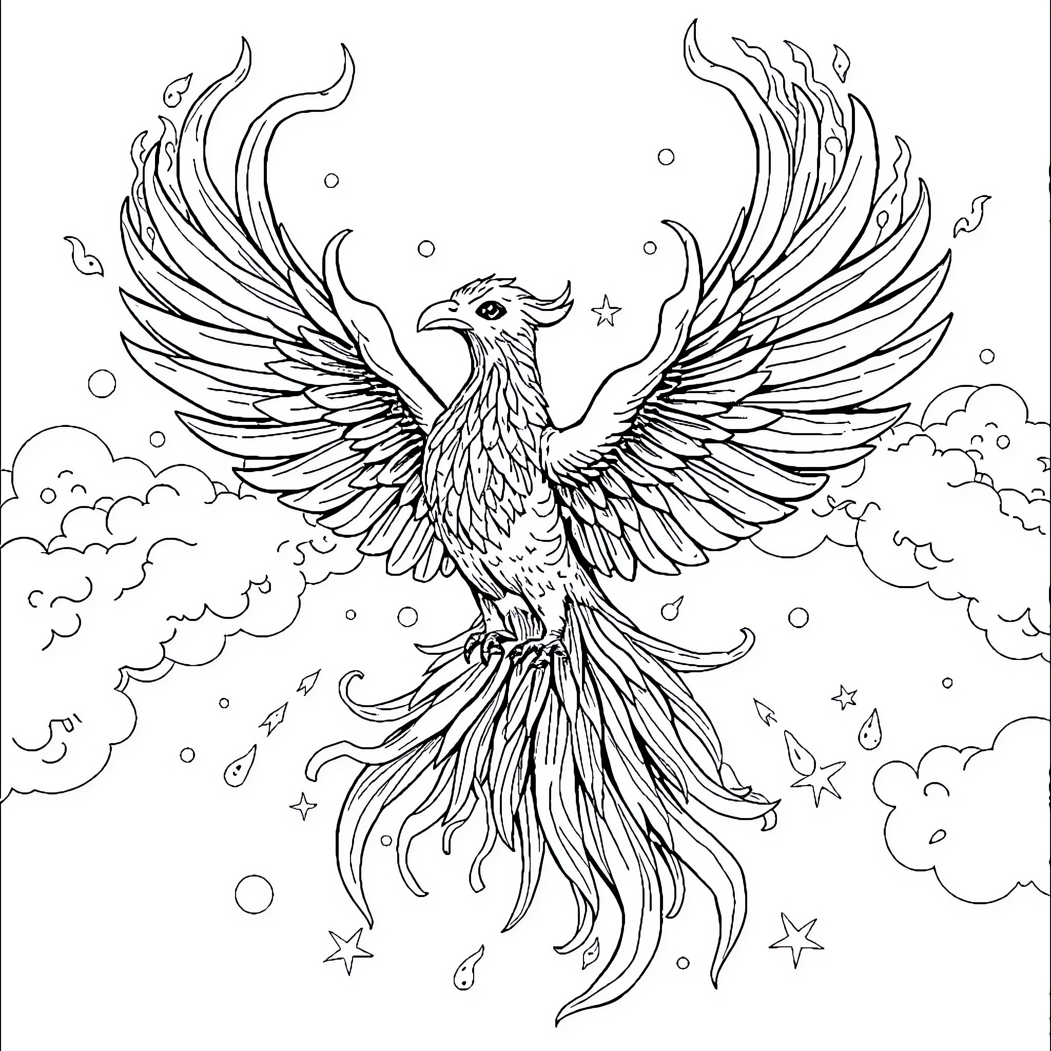 Phoenix rising majestic in the celestial sky Coloring Page (free black-and-white line drawing printable PDF for all, from beginners to advanced learners, including children, teens, adults, and seniors)
