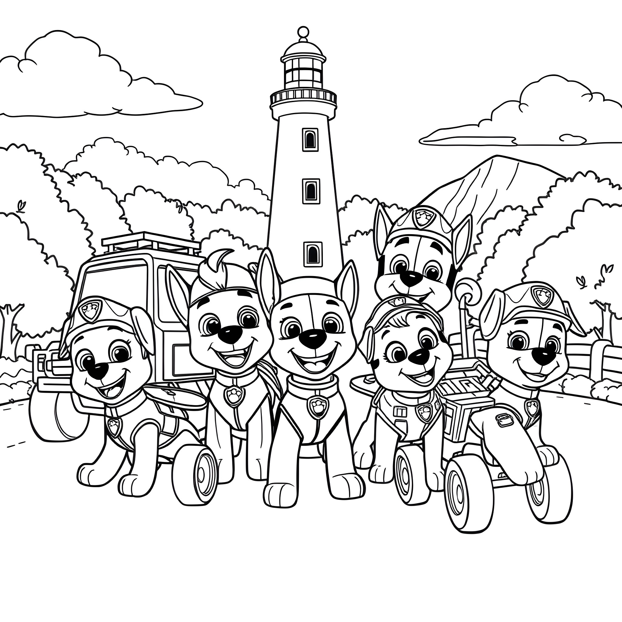 Paw Patrol characters on a rescue mission near a lighthouse Coloring Page (free black-and-white line drawing printable PDF for all, from beginners to advanced learners, including children, teens, adults, and seniors)
