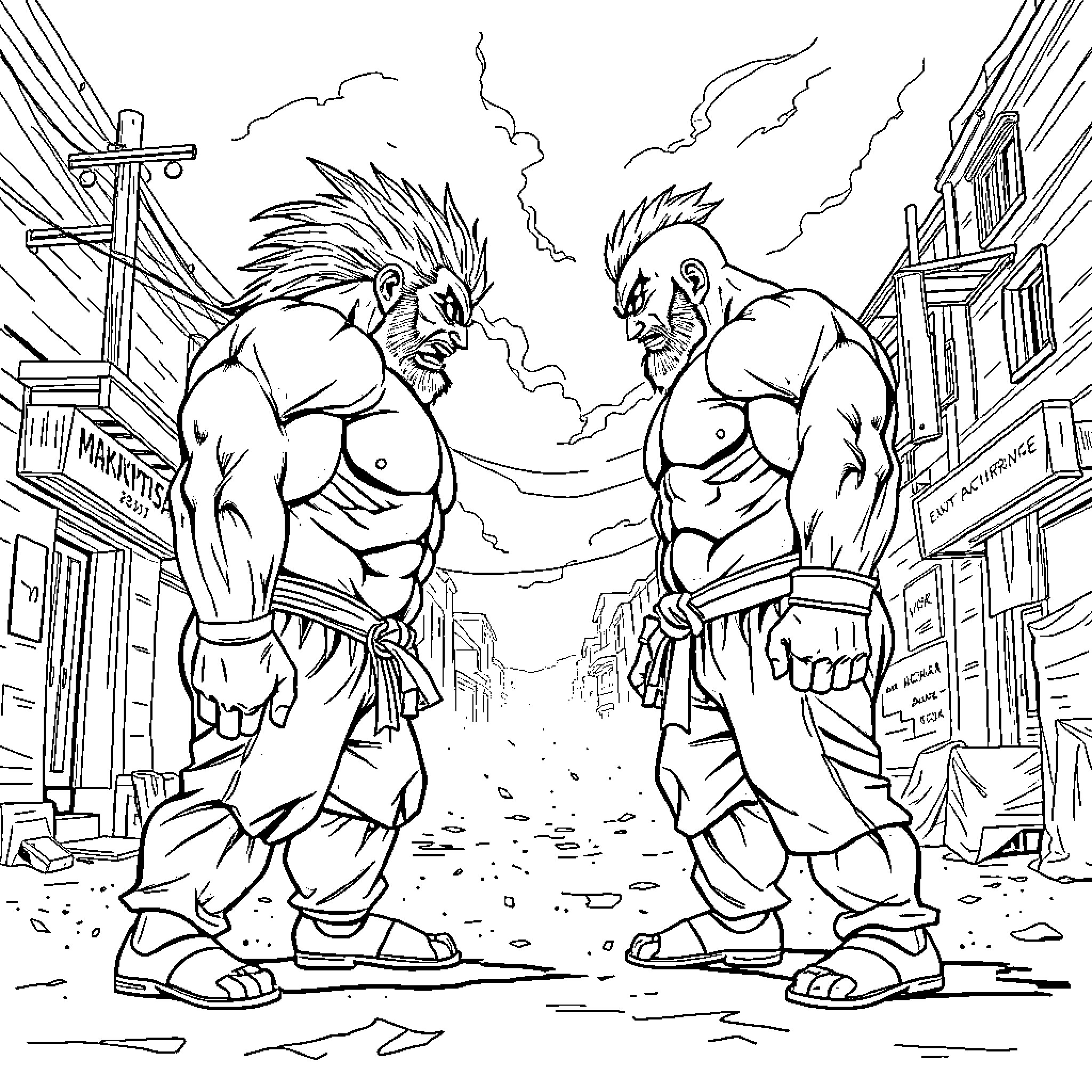 Akuma: Fierce Confrontation Between Muscular Fighters Coloring Page (free black-and-white line drawing printable PDF for all, from beginners to advanced learners, including children, teens, adults, and seniors)