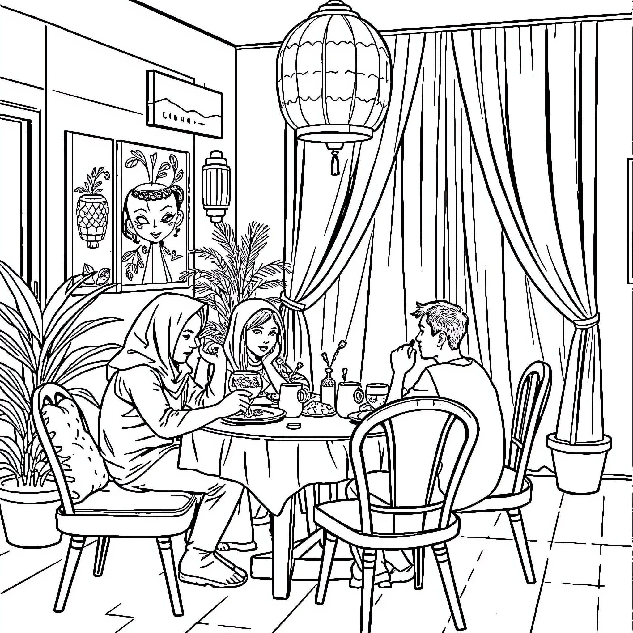 Makan: Cozy Cafe Gathering with Friends Coloring Page (free black-and-white line drawing printable PDF for all, from beginners to advanced learners, including children, teens, adults, and seniors)