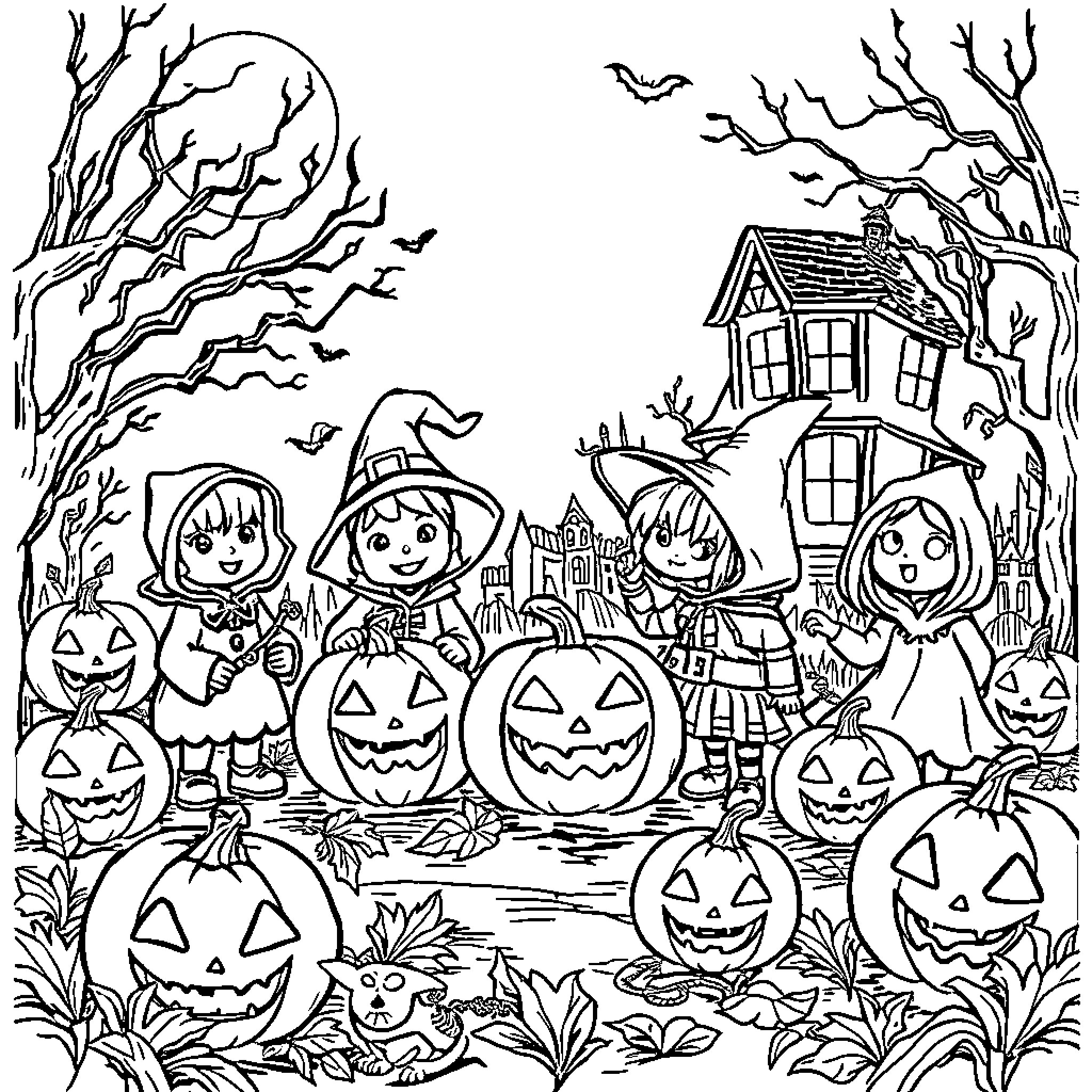 Halloween Trick-or-Treaters Explore Spooky Autumn Landscape Coloring Page (free black-and-white line drawing printable PDF for all, from beginners to advanced learners, including children, teens, adults, and seniors)