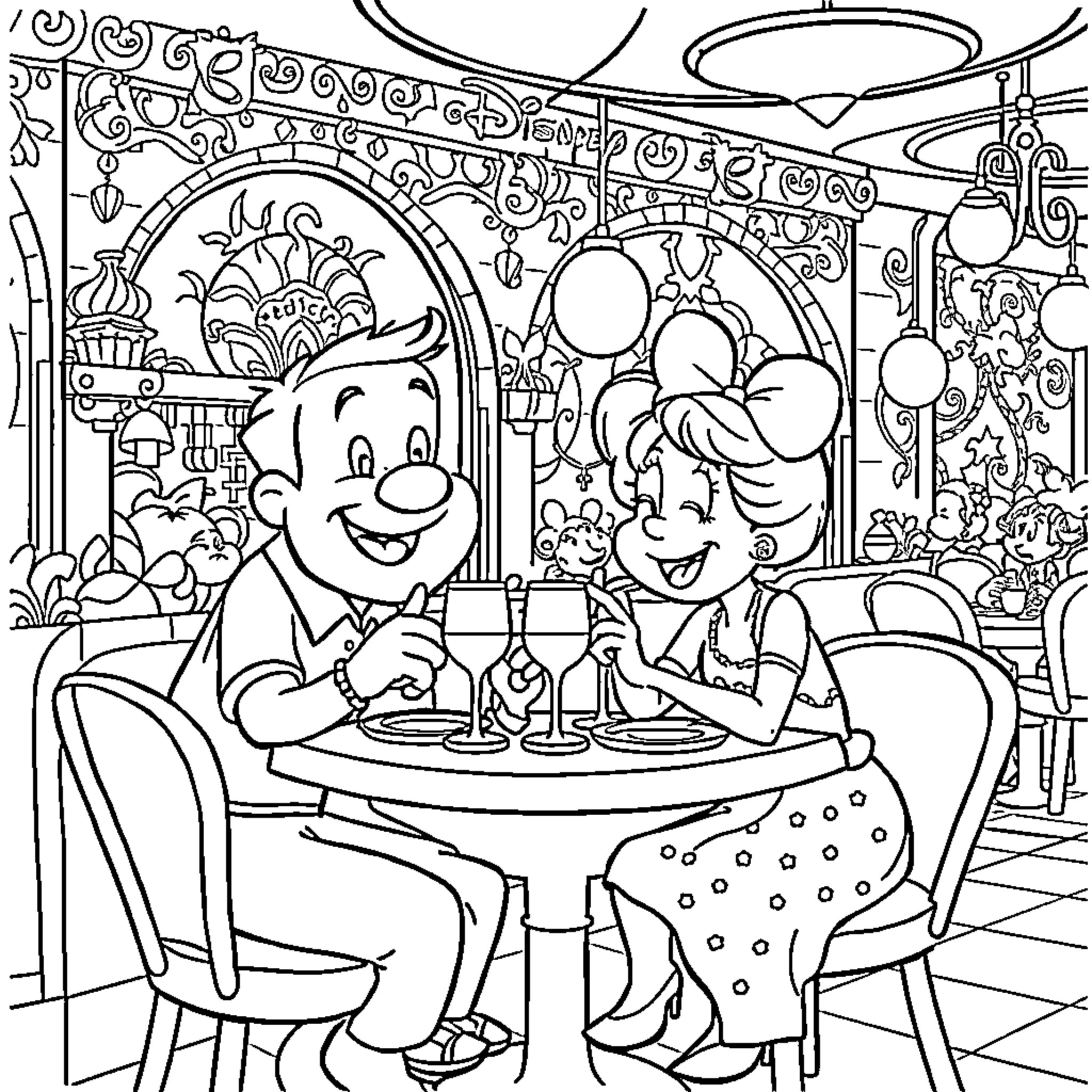Home Dining with Cheerful Companions Coloring Page (free black-and-white line drawing printable PDF for all, from beginners to advanced learners, including children, teens, adults, and seniors)