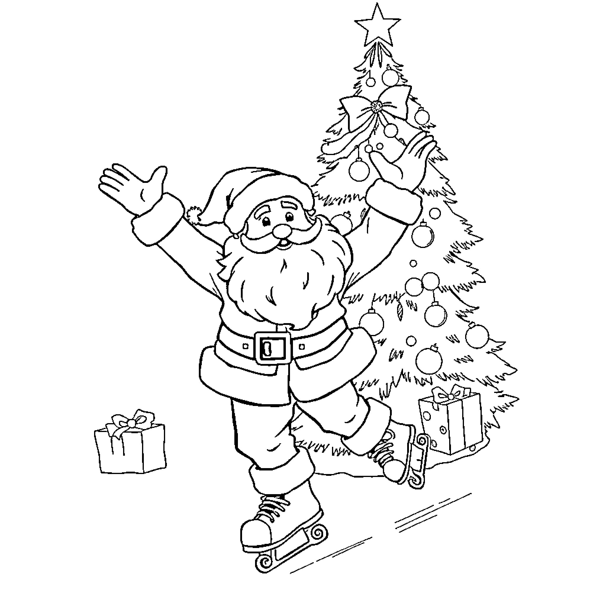 Santa decorating a Christmas tree and giving presents Coloring Page (free black-and-white line drawing printable PDF for all, from beginners to advanced learners, including children, teens, adults, and seniors)