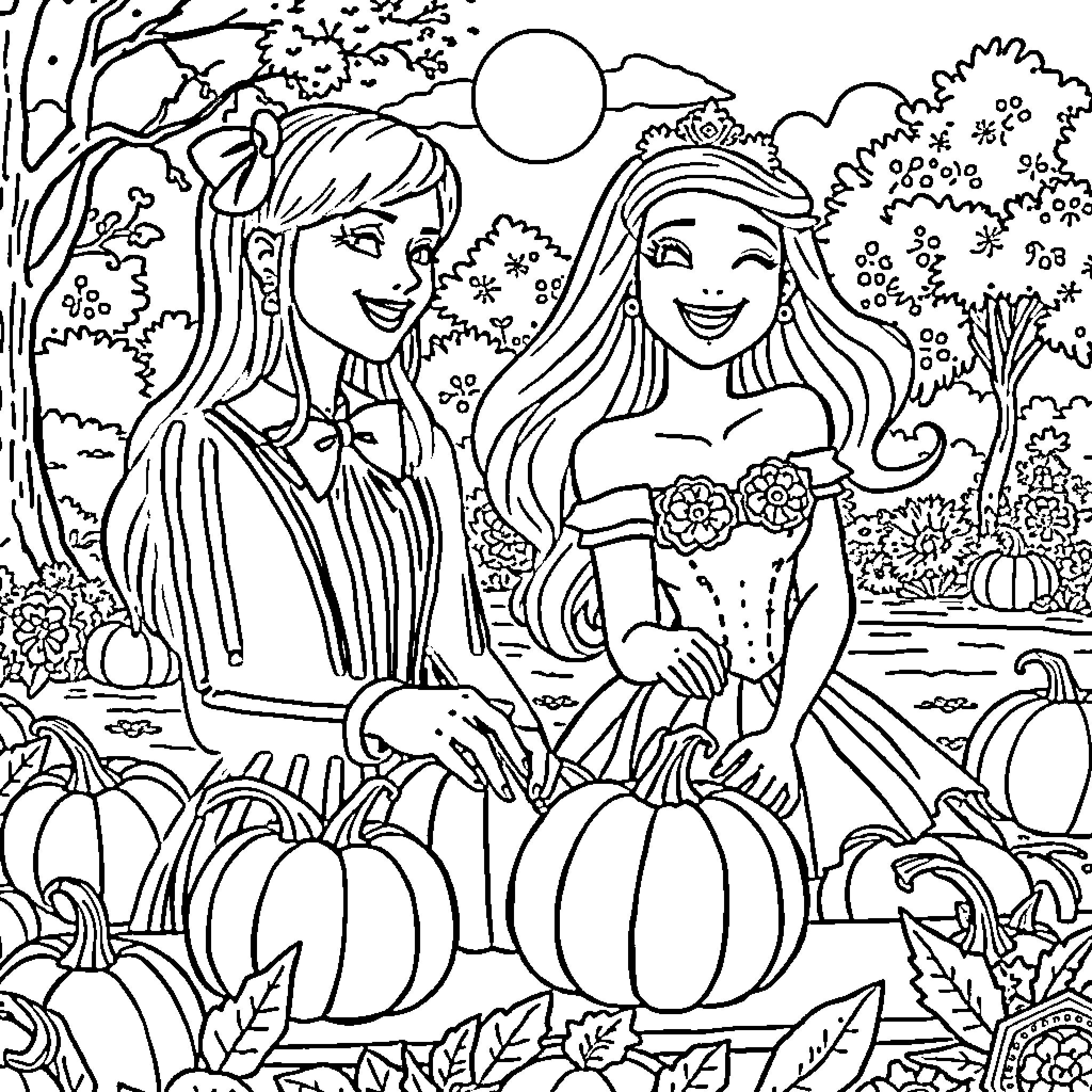Wednesday Princesses Enjoying the Autumn Scenery Coloring Page (free black-and-white line drawing printable PDF for all, from beginners to advanced learners, including children, teens, adults, and seniors)