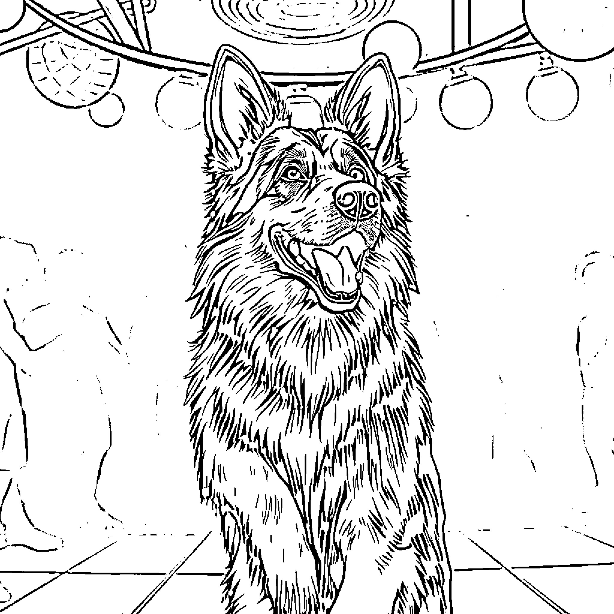 German Shepherd enjoying a festive scene Coloring Page (free black-and-white line drawing printable PDF for all, from beginners to advanced learners, including children, teens, adults, and seniors)