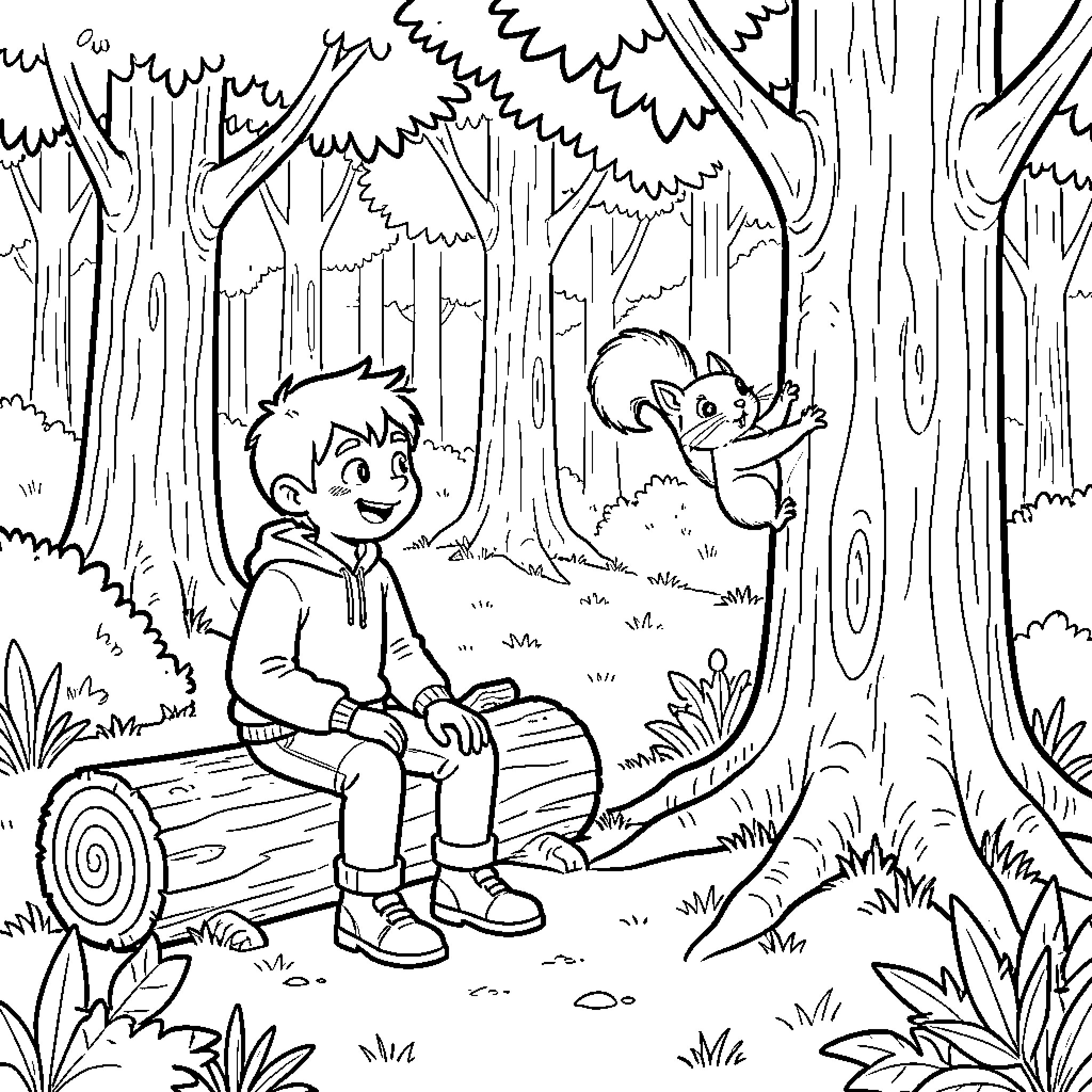 Kris Kratt smiling while watching a squirrel in the woods Coloring Page (free black-and-white line drawing printable PDF for all, from beginners to advanced learners, including children, teens, adults, and seniors)