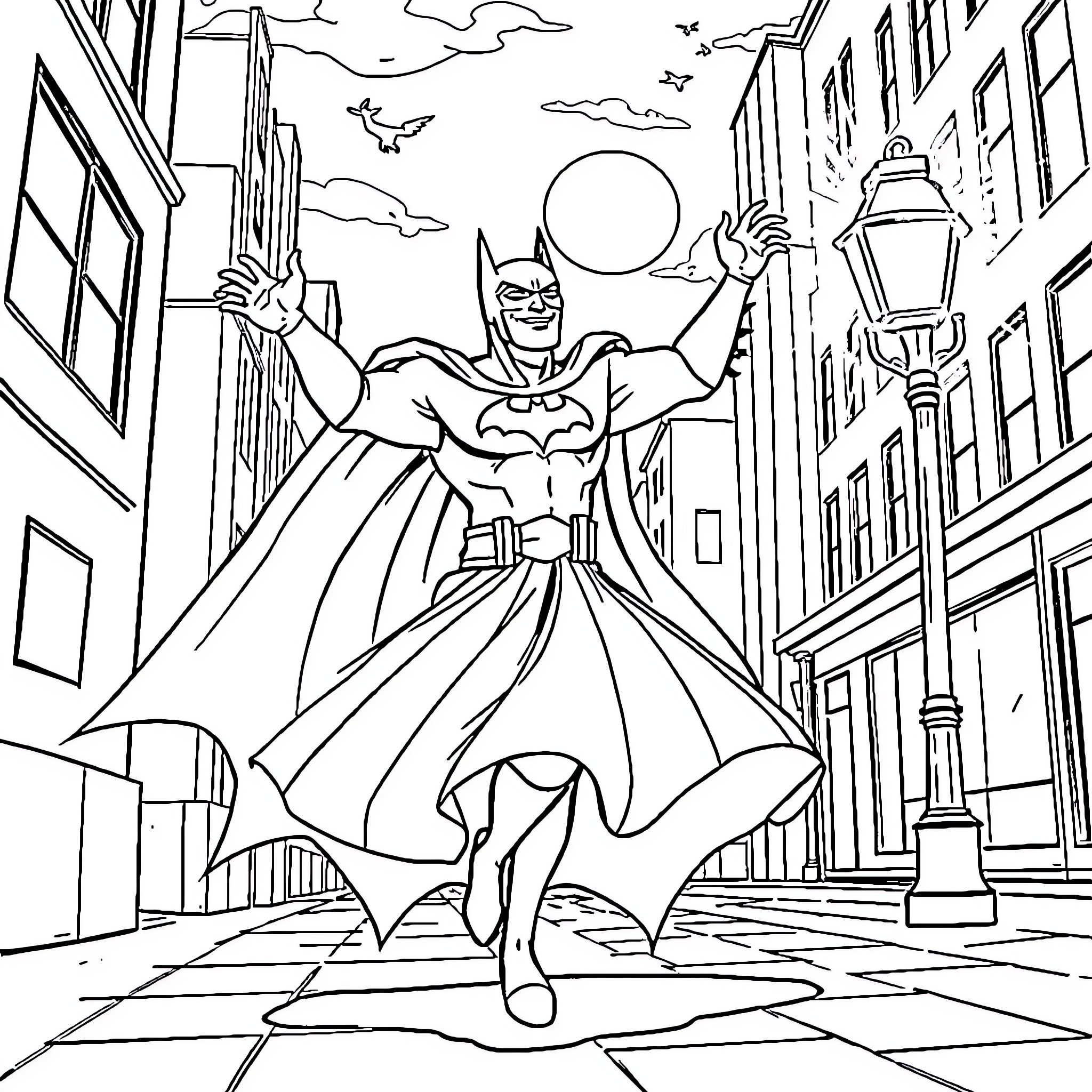 Batman soaring through the city streets Coloring Page (free black-and-white line drawing printable PDF for all, from beginners to advanced learners, including children, teens, adults, and seniors)