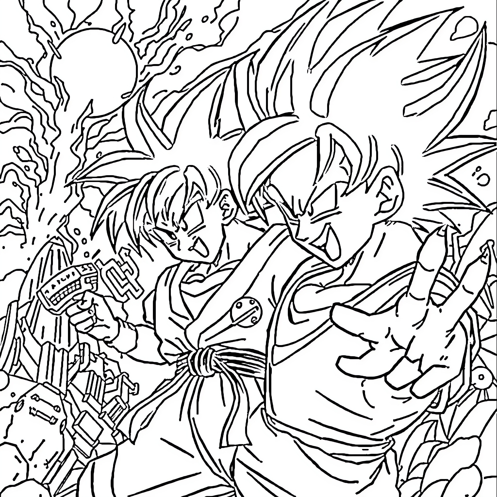 Dragon Ball Z: Intense Warrior Clash in Cosmic Landscape Coloring Page (free black-and-white line drawing printable PDF for all, from beginners to advanced learners, including children, teens, adults, and seniors)