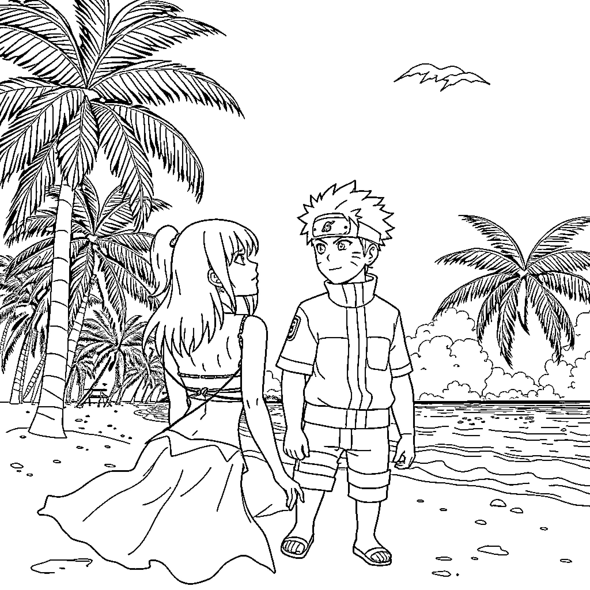 Hinata and Naruto enjoy a sunny day at the beach Coloring Page (free black-and-white line drawing printable PDF for all, from beginners to advanced learners, including children, teens, adults, and seniors)