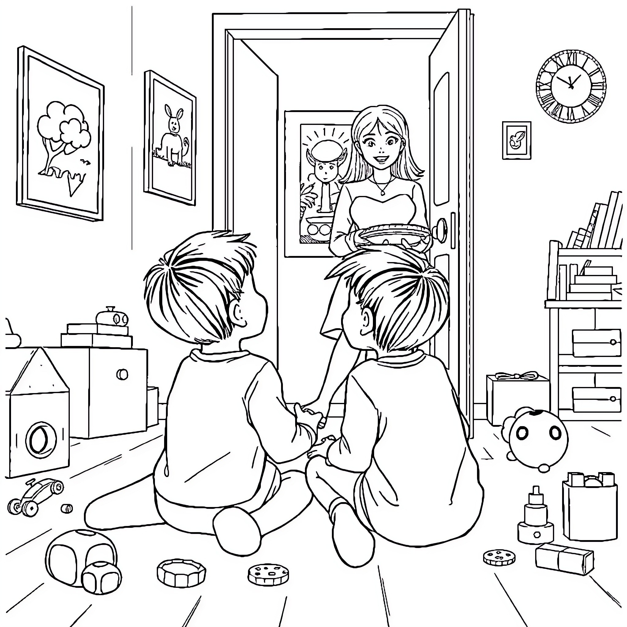 Kid Plays with Toys in Cozy Room Coloring Page (free black-and-white line drawing printable PDF for all, from beginners to advanced learners, including children, teens, adults, and seniors)