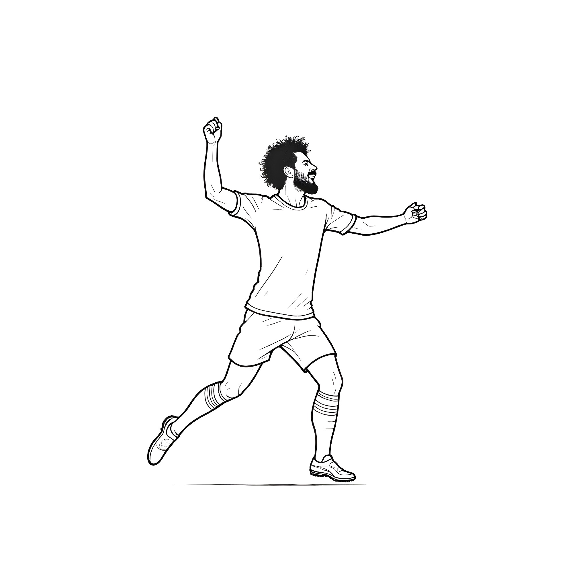 Mo Salah Celebrating a Goal Passionately Coloring Page (free black-and-white line drawing printable PDF for all, from beginners to advanced learners, including children, teens, adults, and seniors)