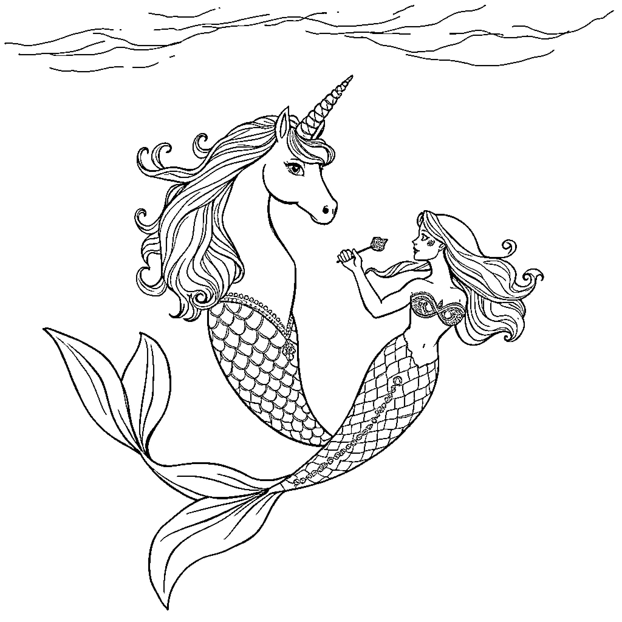 Mermaid and Unicorn Mermaid Interacting in the Sea Coloring Page (free black-and-white line drawing printable PDF for all, from beginners to advanced learners, including children, teens, adults, and seniors)
