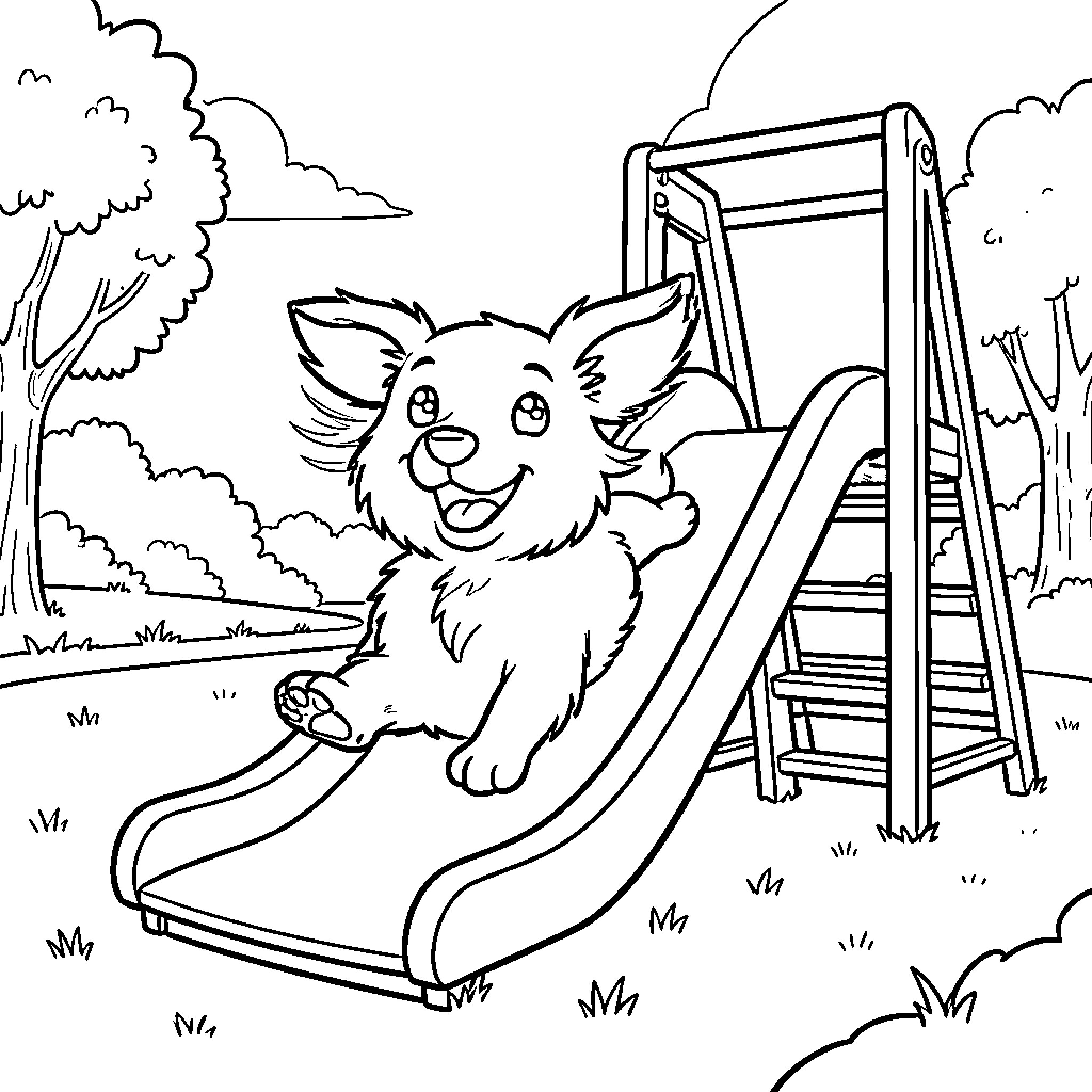 Dog sliding happily down a playground slide Coloring Page (free black-and-white line drawing printable PDF for all, from beginners to advanced learners, including children, teens, adults, and seniors)