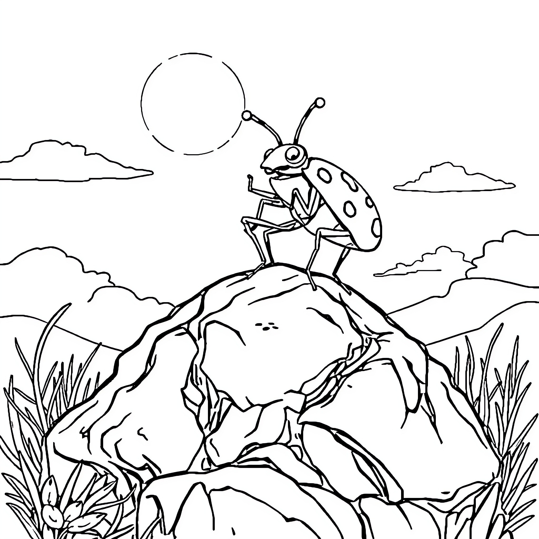 Bug exploring the rocky terrain Coloring Page (free black-and-white line drawing printable PDF for all, from beginners to advanced learners, including children, teens, adults, and seniors)