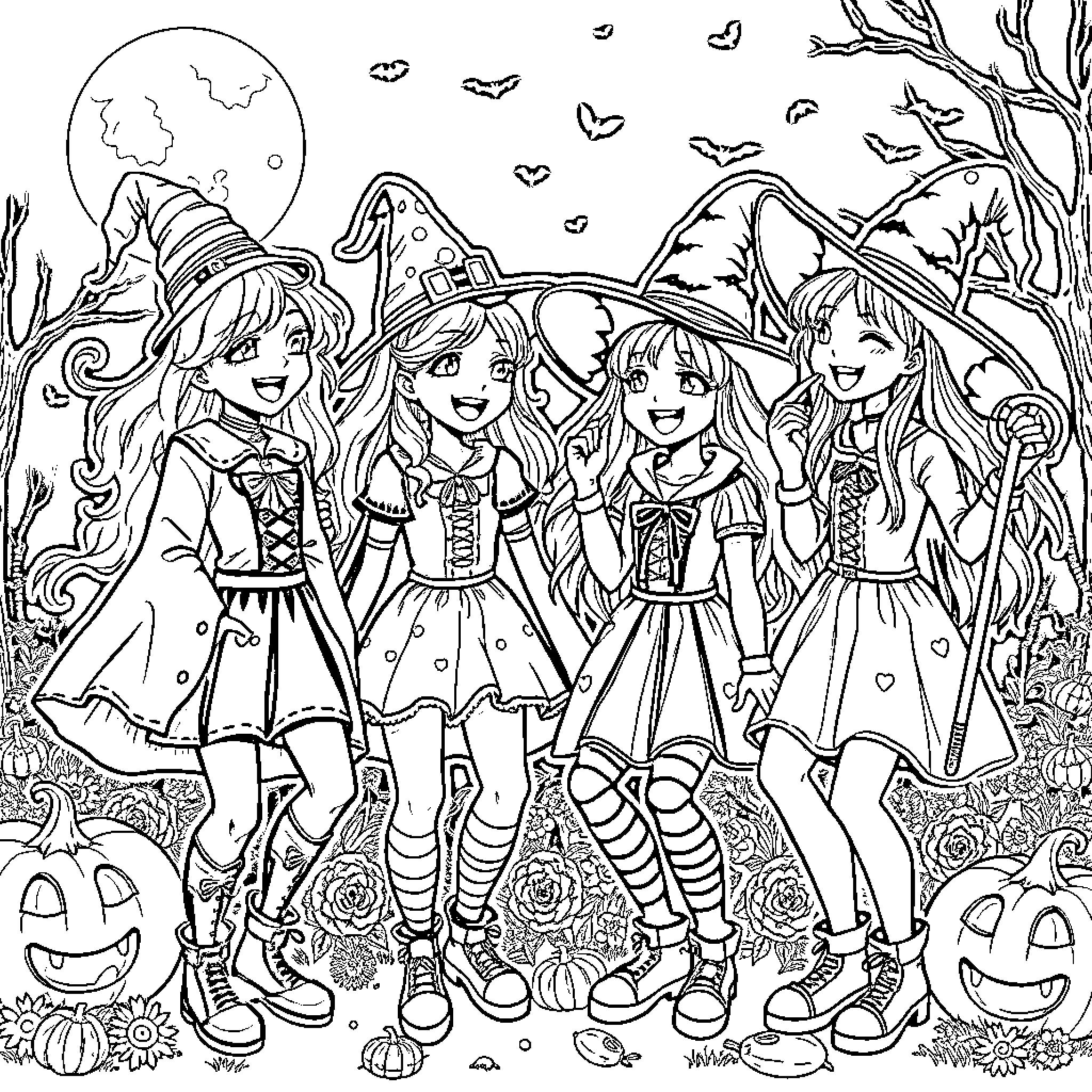 Huntrix Girls on a Spooky Halloween Adventure Coloring Page (free black-and-white line drawing printable PDF for all, from beginners to advanced learners, including children, teens, adults, and seniors)