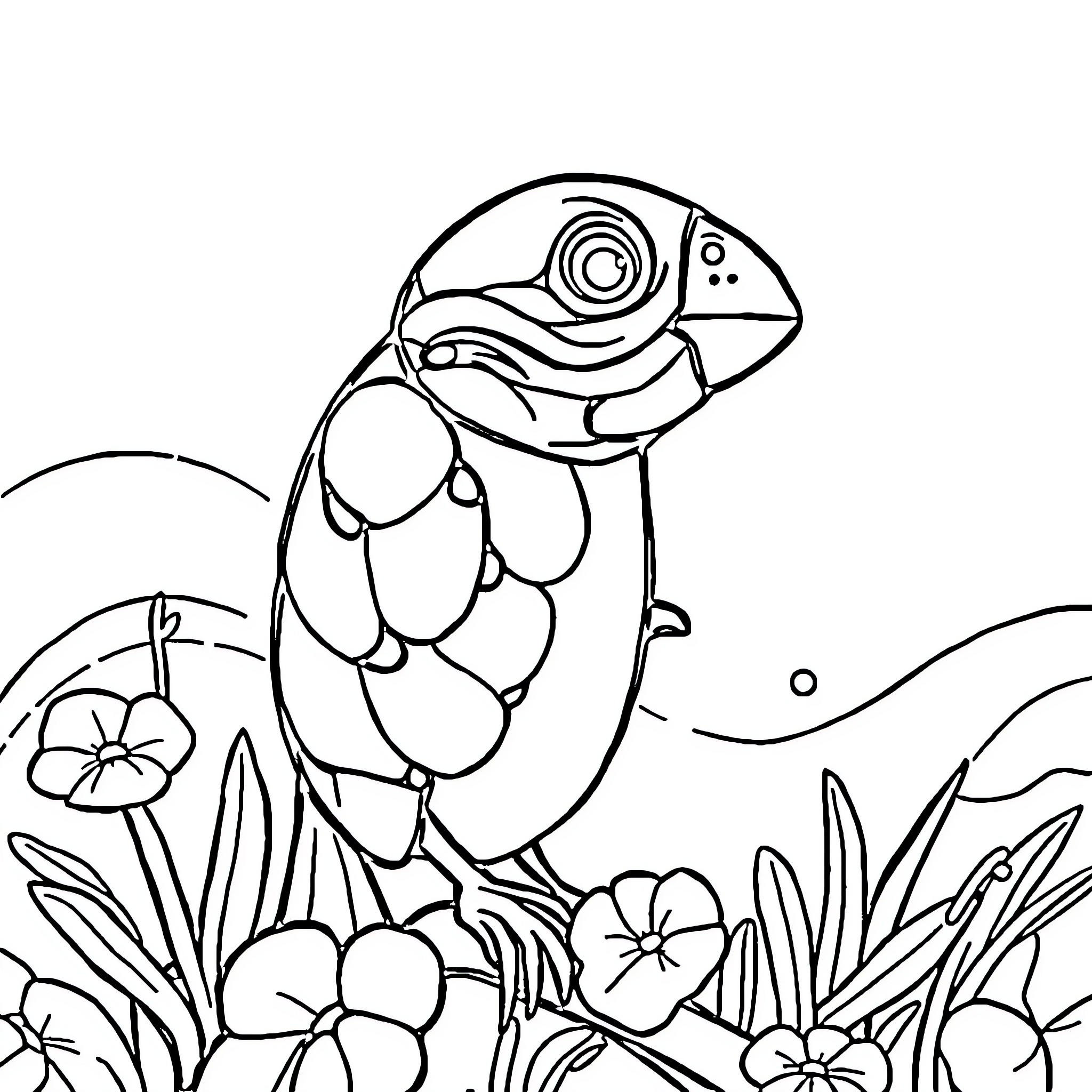 T-Shirt Featuring a Colorful Bird in a Floral Landscape Coloring Page (free black-and-white line drawing printable PDF for all, from beginners to advanced learners, including children, teens, adults, and seniors)