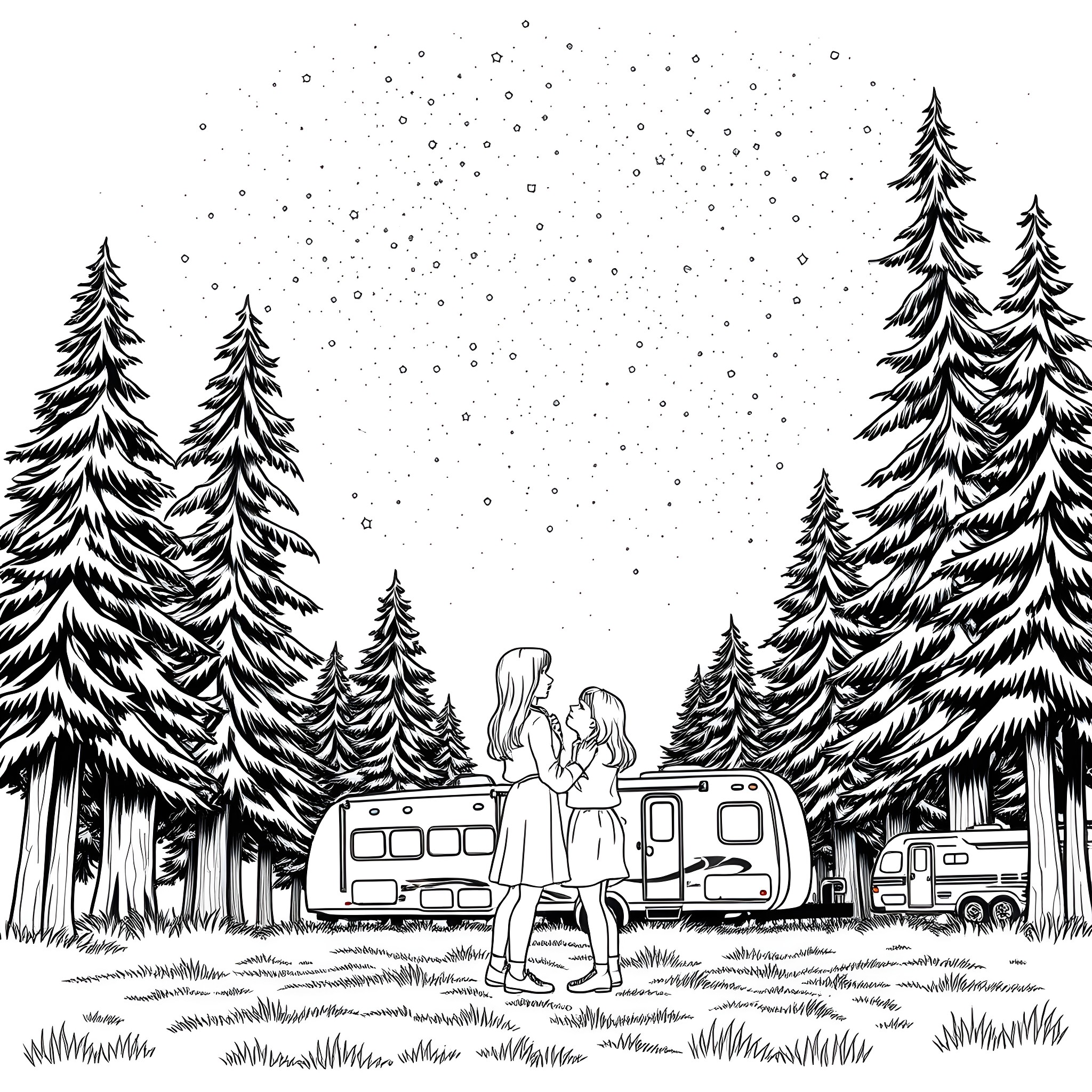 Dude enjoying cozy winter camping trip with loved one Coloring Page (free black-and-white line drawing printable PDF for all, from beginners to advanced learners, including children, teens, adults, and seniors)