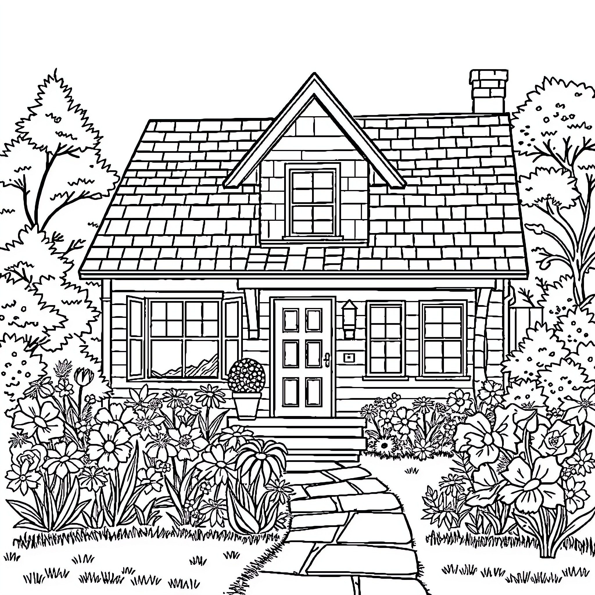 House with Detailed Exterior and Lush Garden Coloring Page (free black-and-white line drawing printable PDF for all, from beginners to advanced learners, including children, teens, adults, and seniors)