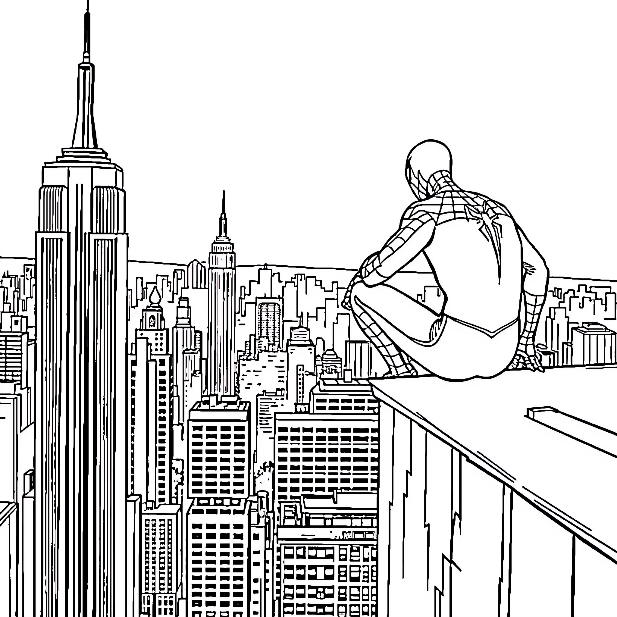 Spider-Man overlooks the New York City skyline Coloring Page (free black-and-white line drawing printable PDF for all, from beginners to advanced learners, including children, teens, adults, and seniors)