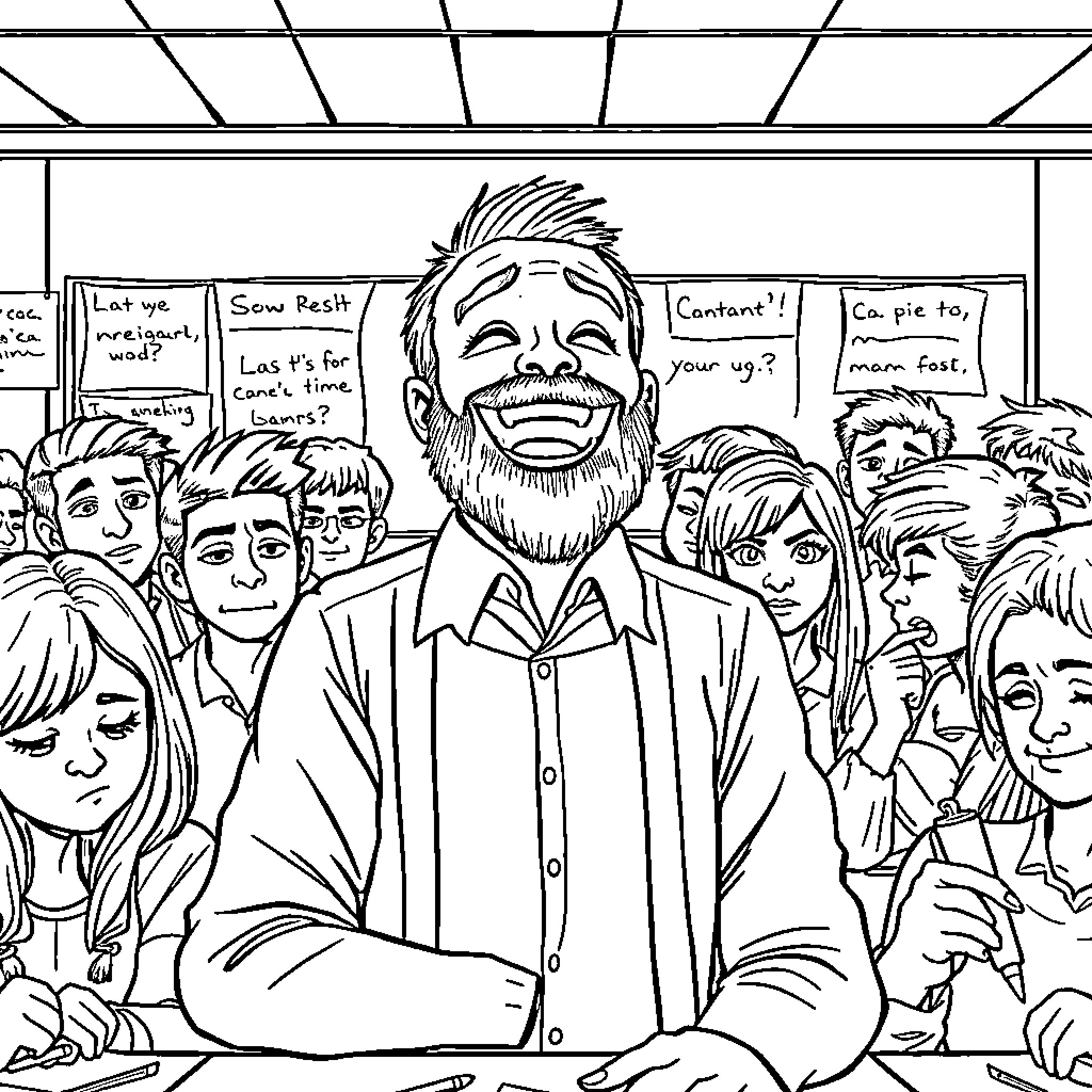 Teacher interacts with enthusiastic students in the classroom Coloring Page (free black-and-white line drawing printable PDF for all, from beginners to advanced learners, including children, teens, adults, and seniors)